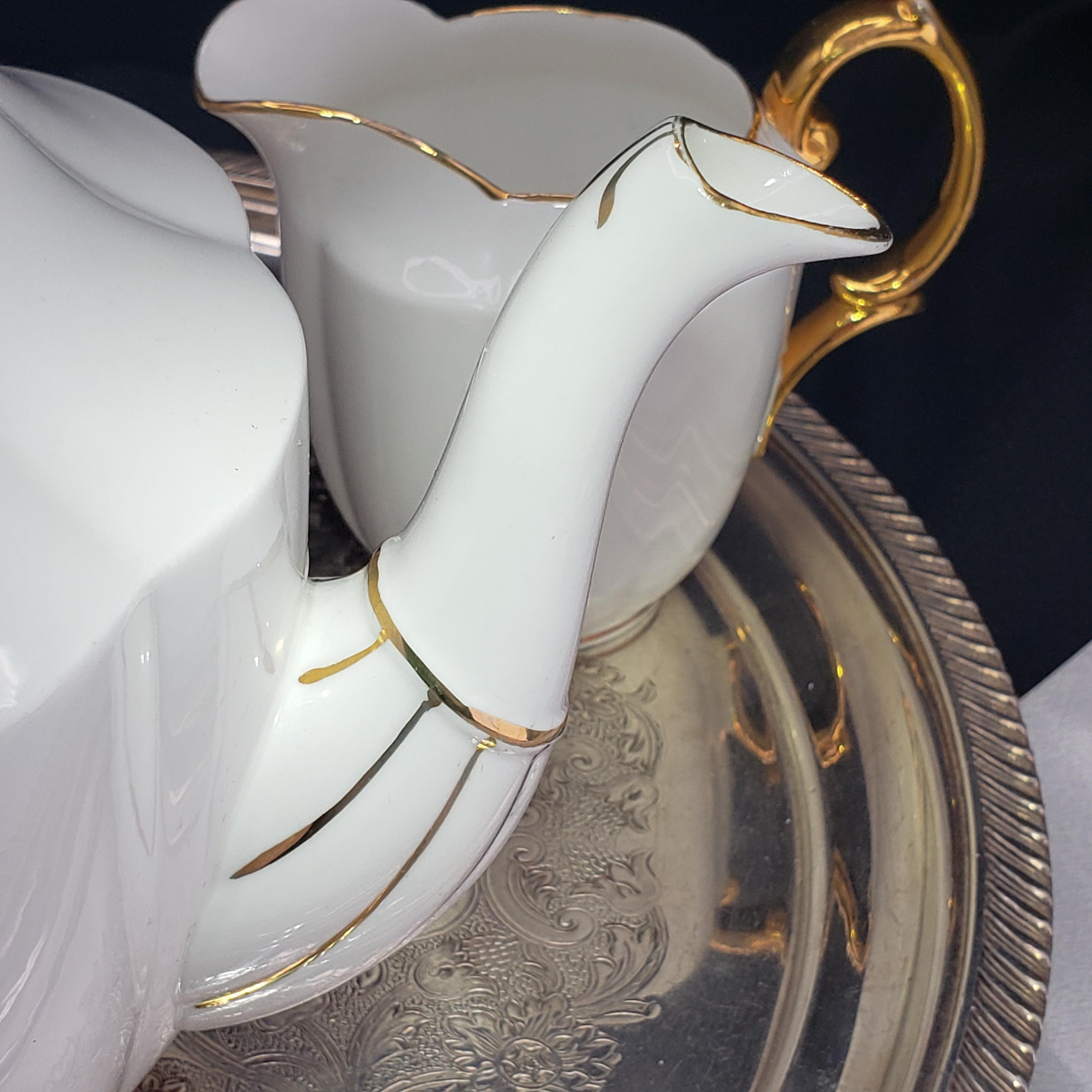 Vintage Royal Albert Teapot, White China Set With Gold Trim, 3pc.