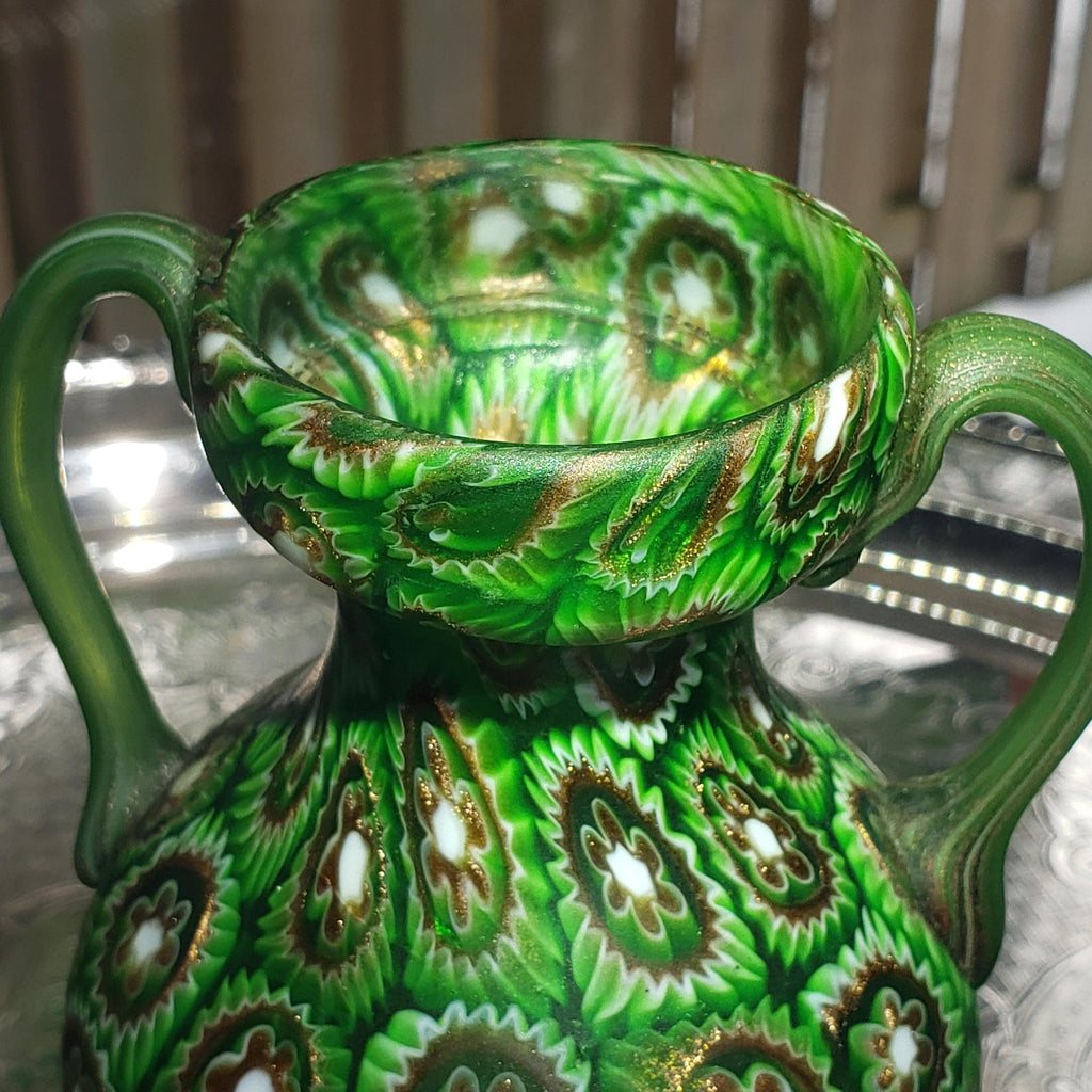 Murano Millefiori Glass Vase - Emerald Green Amphora with Handles