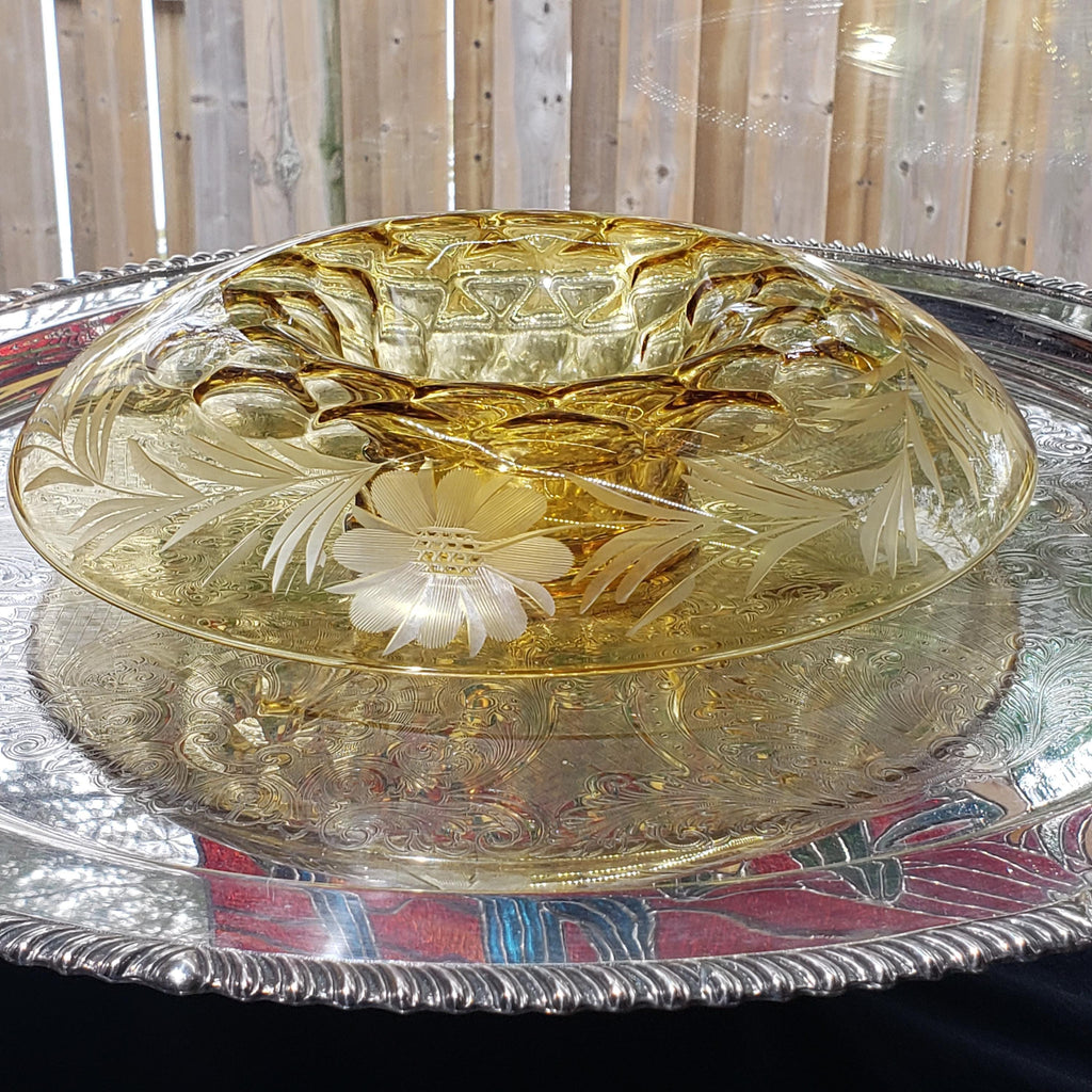 Amber Console Bowl - Hughes Cornflower Etched Honeycomb Glass