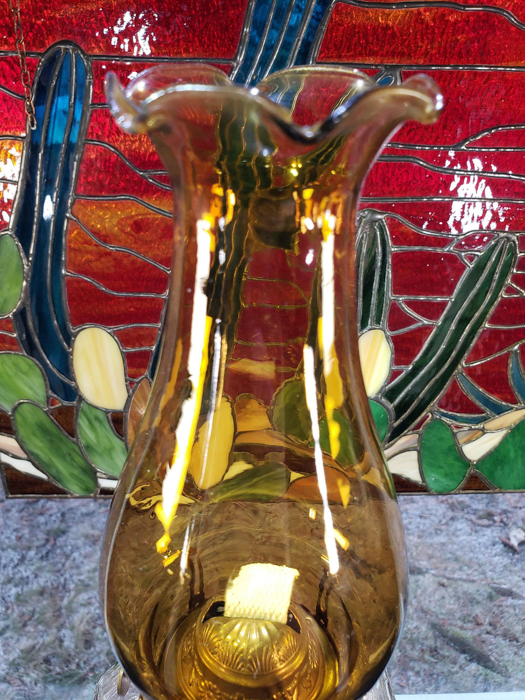 Greek Key Oil Lamp, Amber Glass Chimney (Circa 1900)
