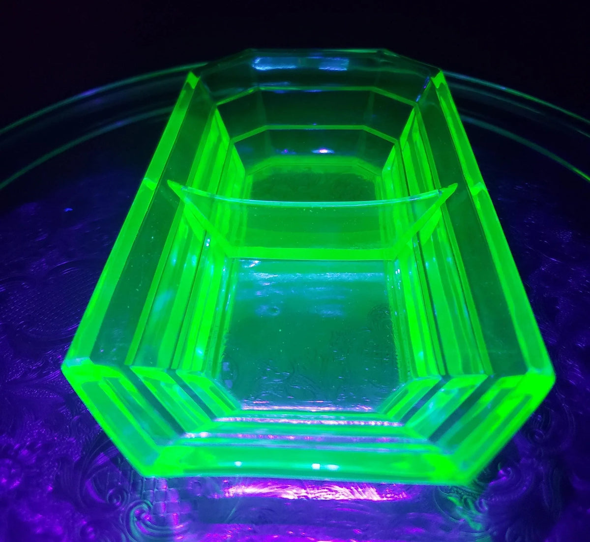 Tea Room Pattern - Uranium Glass Divided Relish Tray - Indiana Glass 1926-1931