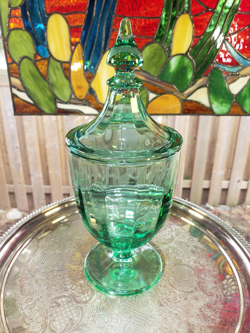Green Glass Candy Jar: New Martinsville - Lidded 1900s Decor
