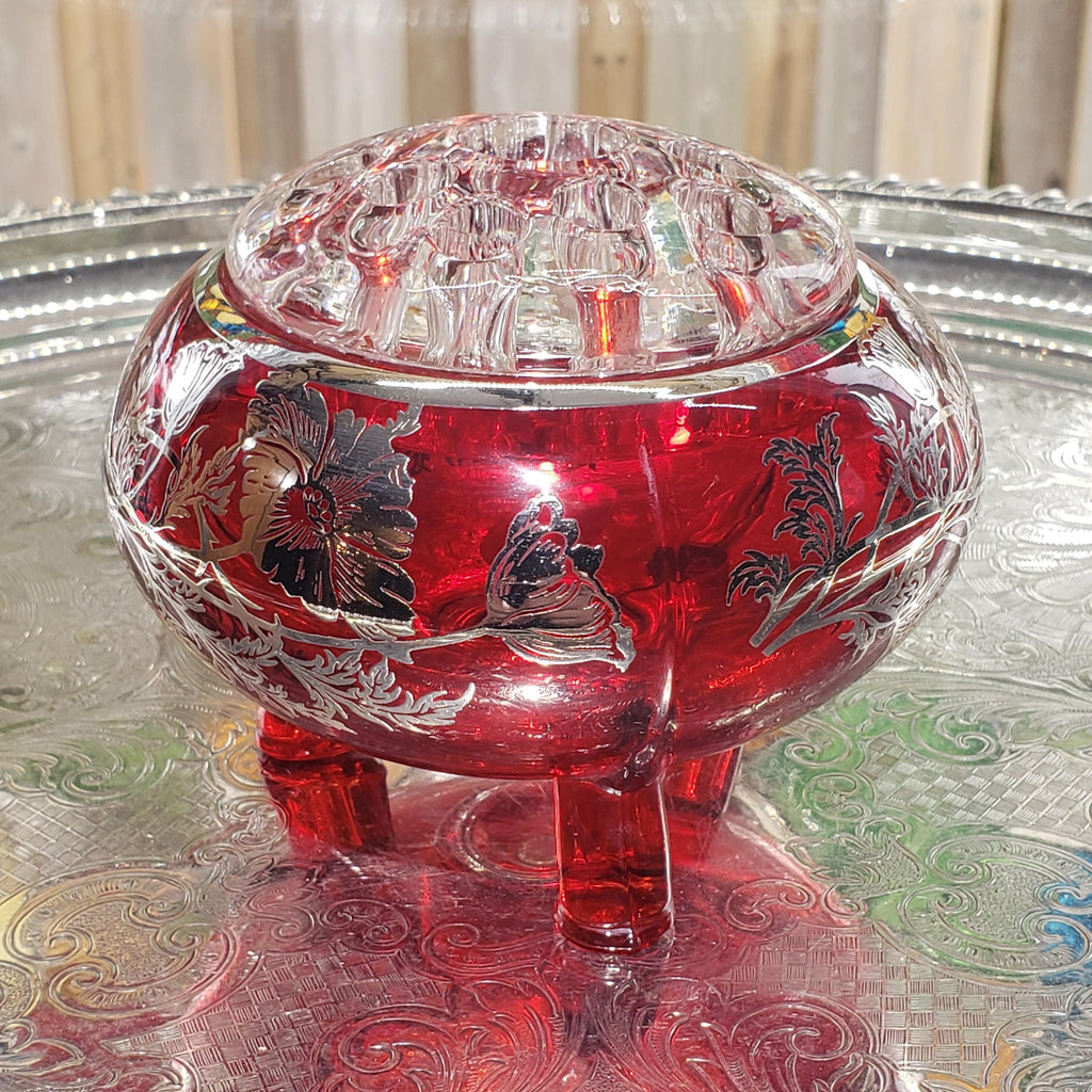 Ruby Red Viking Flowerlite Vase - Footed Bowl with Sterling Floral Design