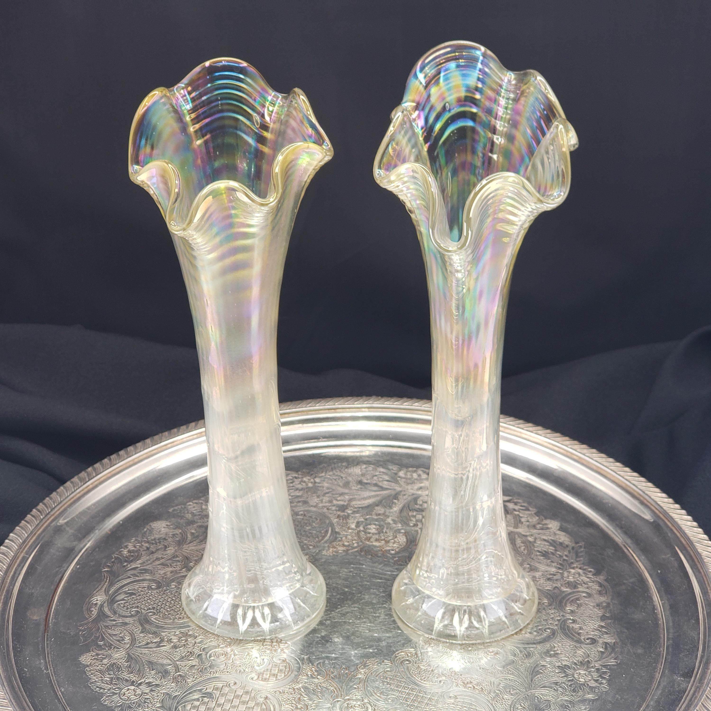 Carnival Glass Vases: Ripple Pattern - Iridescent White