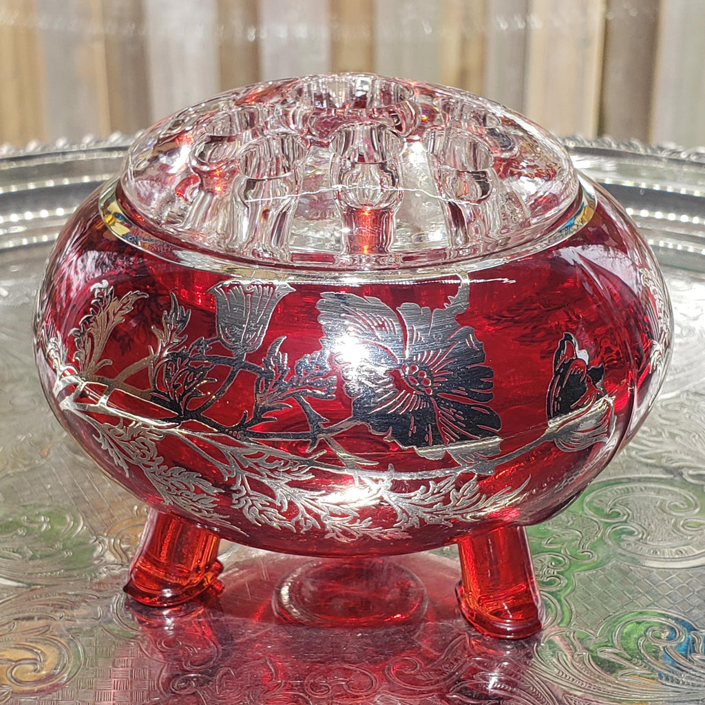 Ruby Red Viking Flowerlite Vase - Footed Bowl with Sterling Floral Design