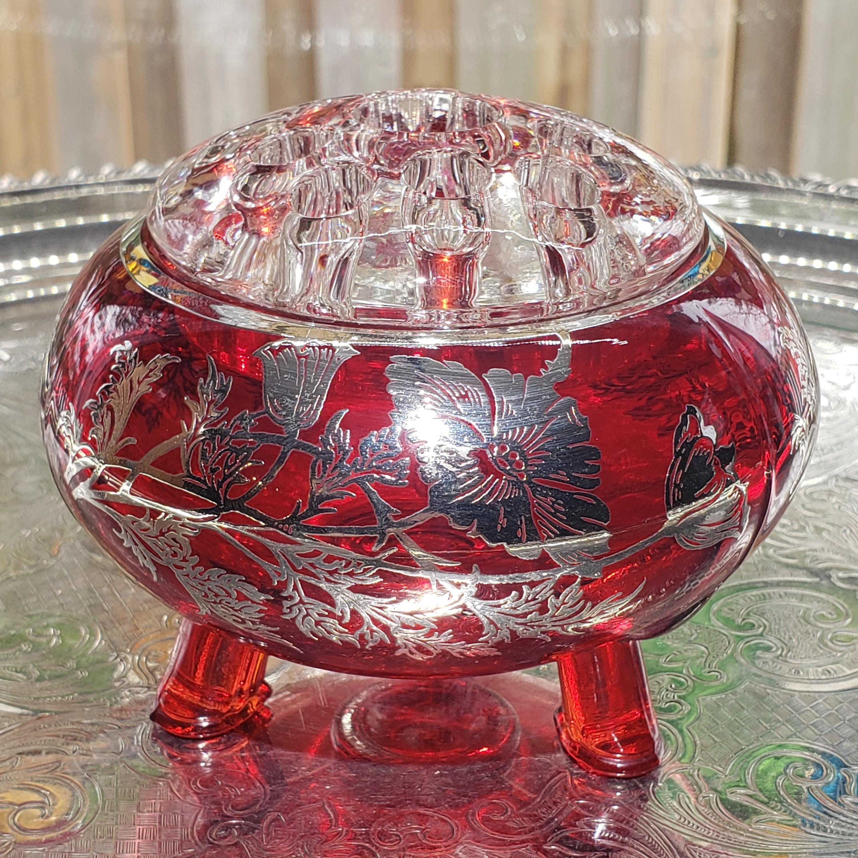 Ruby Red Viking Flowerlite Vase - Footed Bowl with Sterling Floral Design