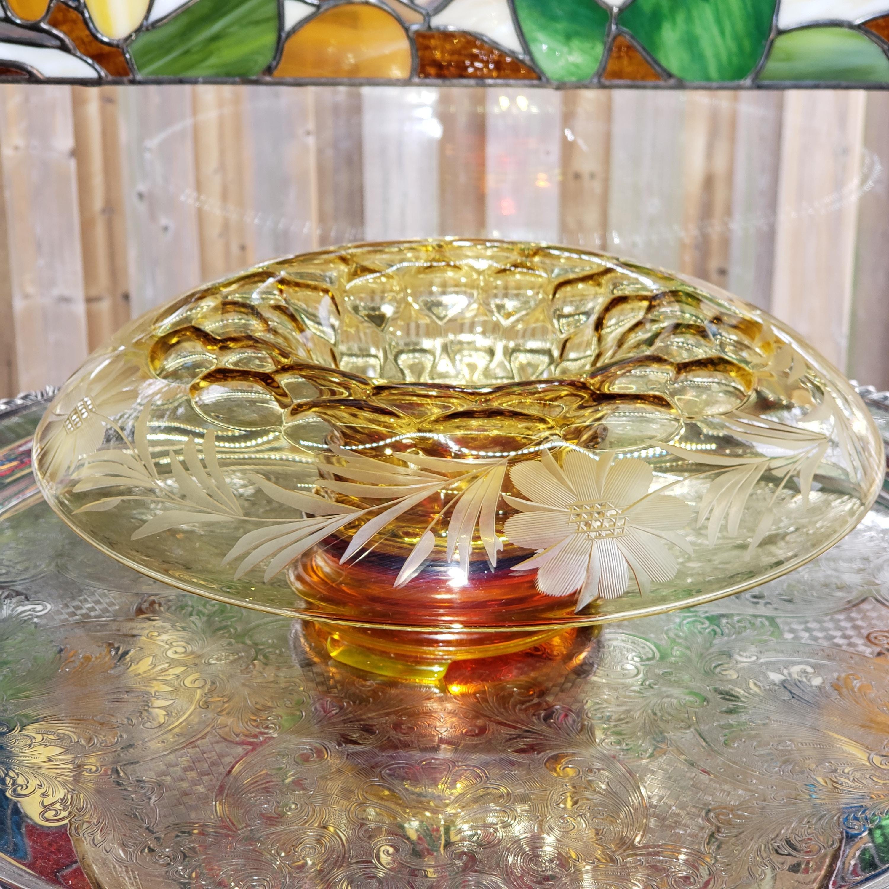 Amber Console Bowl - Hughes Cornflower Etched Honeycomb Glass