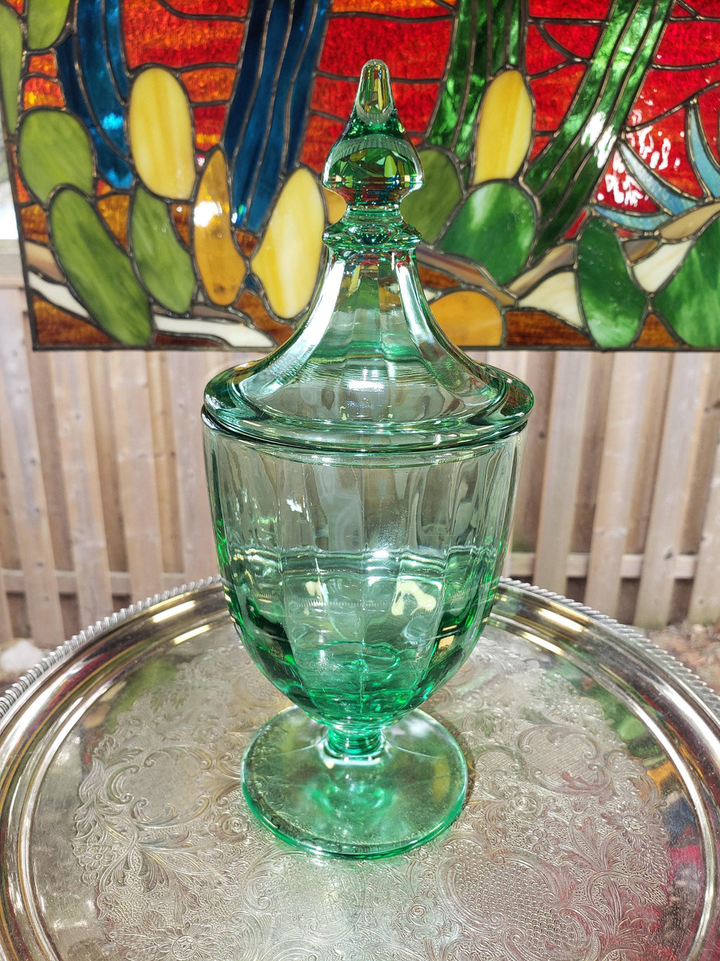 Green Glass Candy Jar: New Martinsville - Lidded 1900s Decor