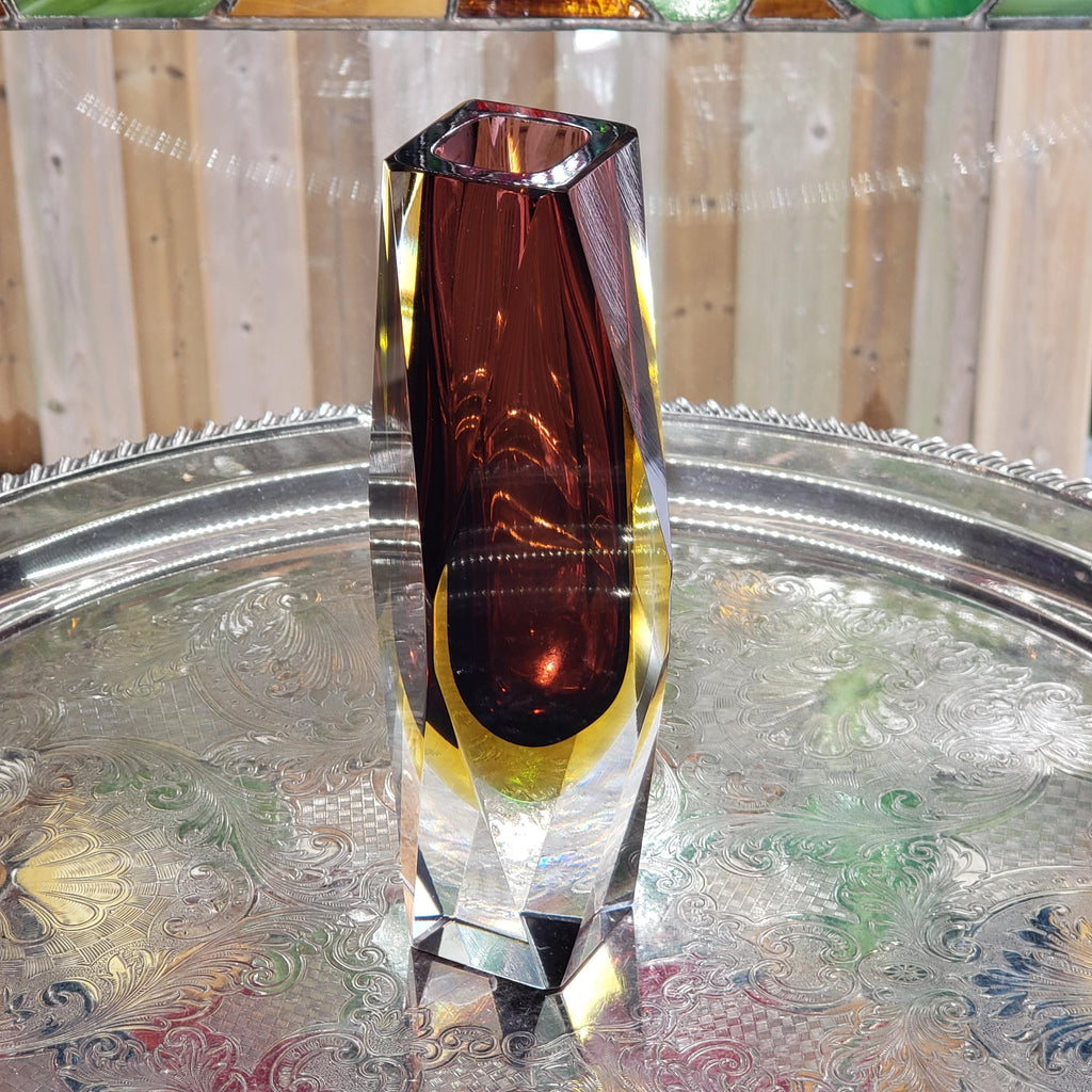 Murano Glass Vase: Flavio Poli Inspired Faceted Design (Amethyst & Amber)