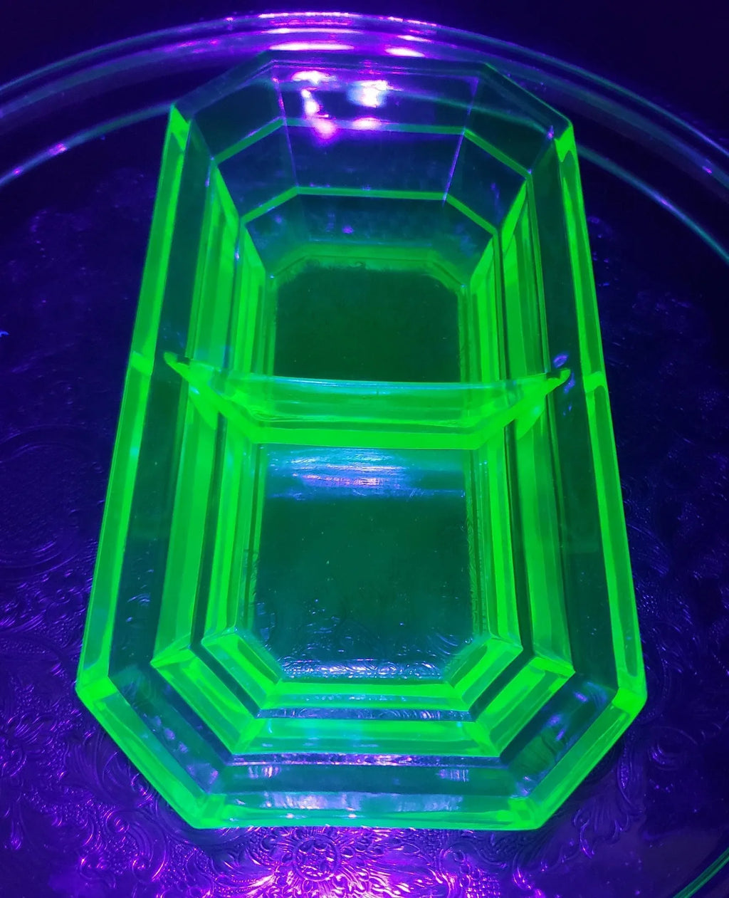 Tea Room Pattern - Uranium Glass Divided Relish Tray - Indiana Glass 1926-1931