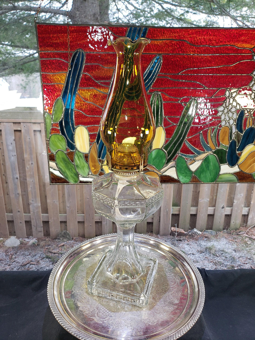 Greek Key Oil Lamp, Amber Glass Chimney (Circa 1900)