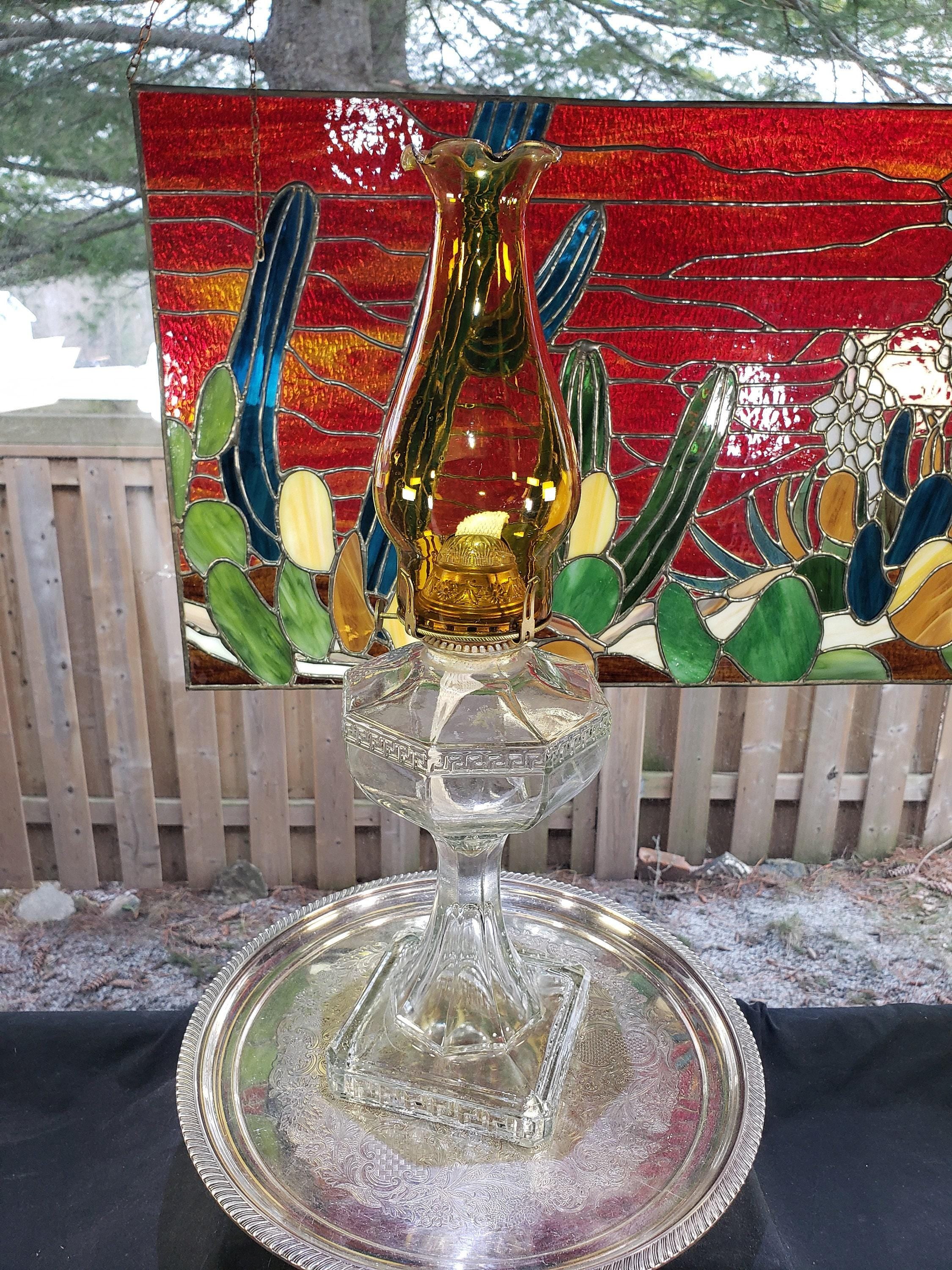 Greek Key Oil Lamp, Amber Glass Chimney (Circa 1900)