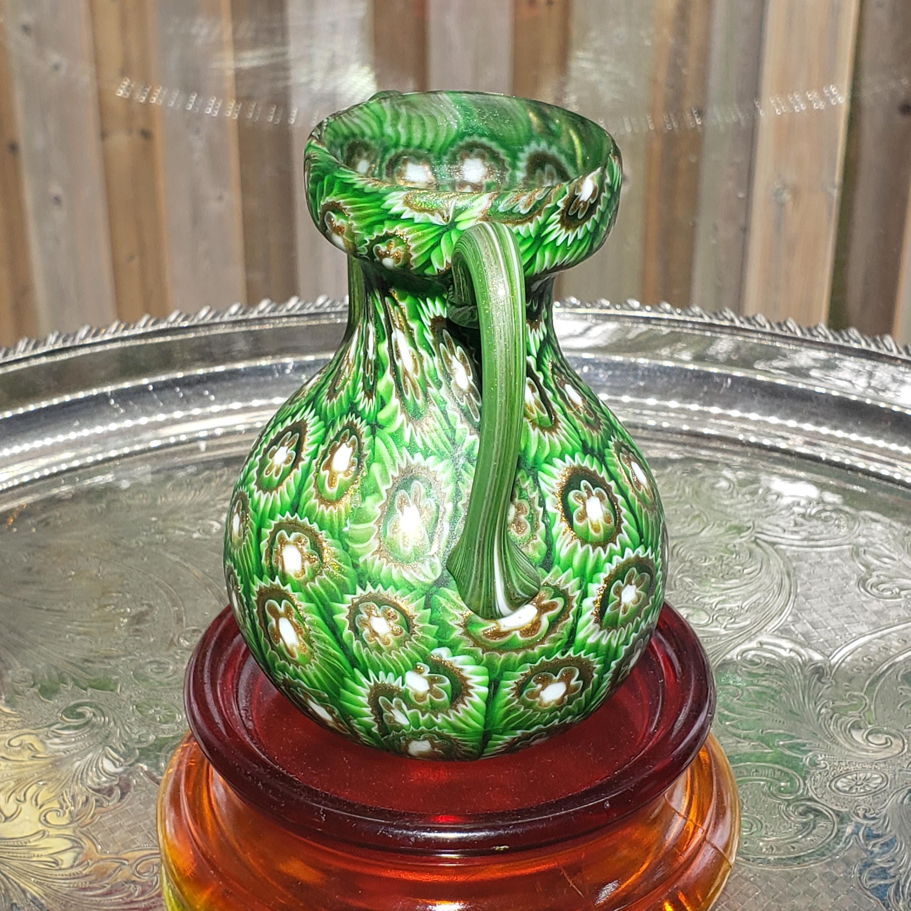Murano Millefiori Glass Vase - Emerald Green Amphora with Handles