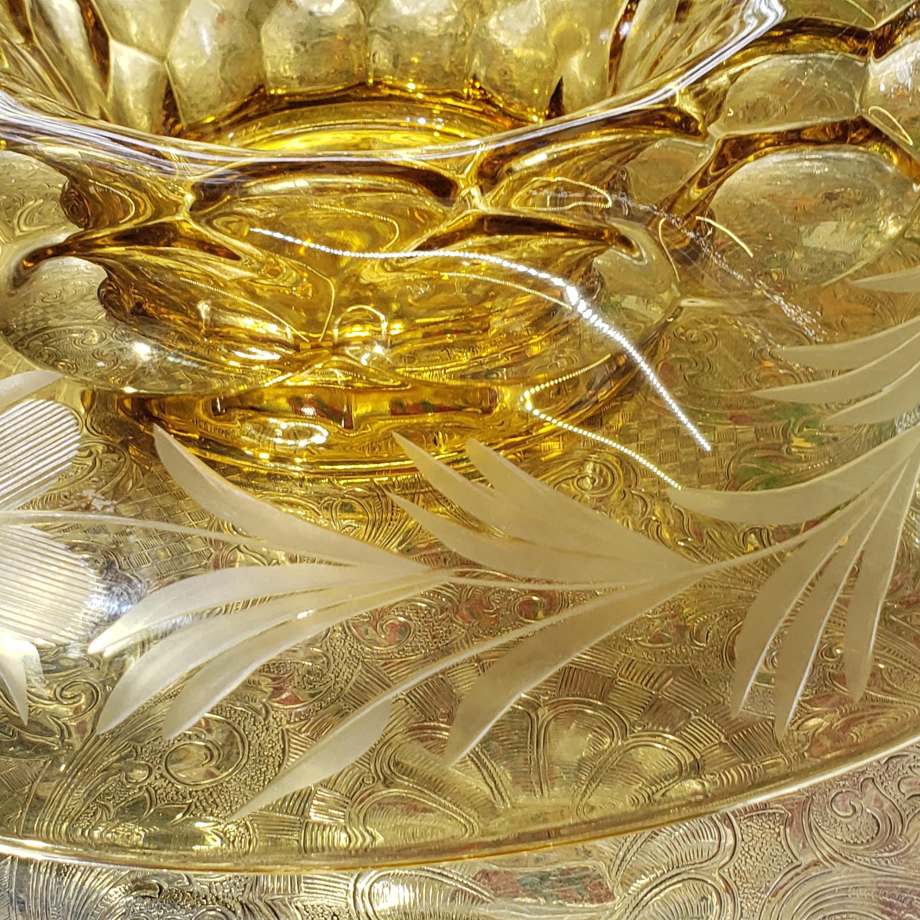 Amber Console Bowl - Hughes Cornflower Etched Honeycomb Glass