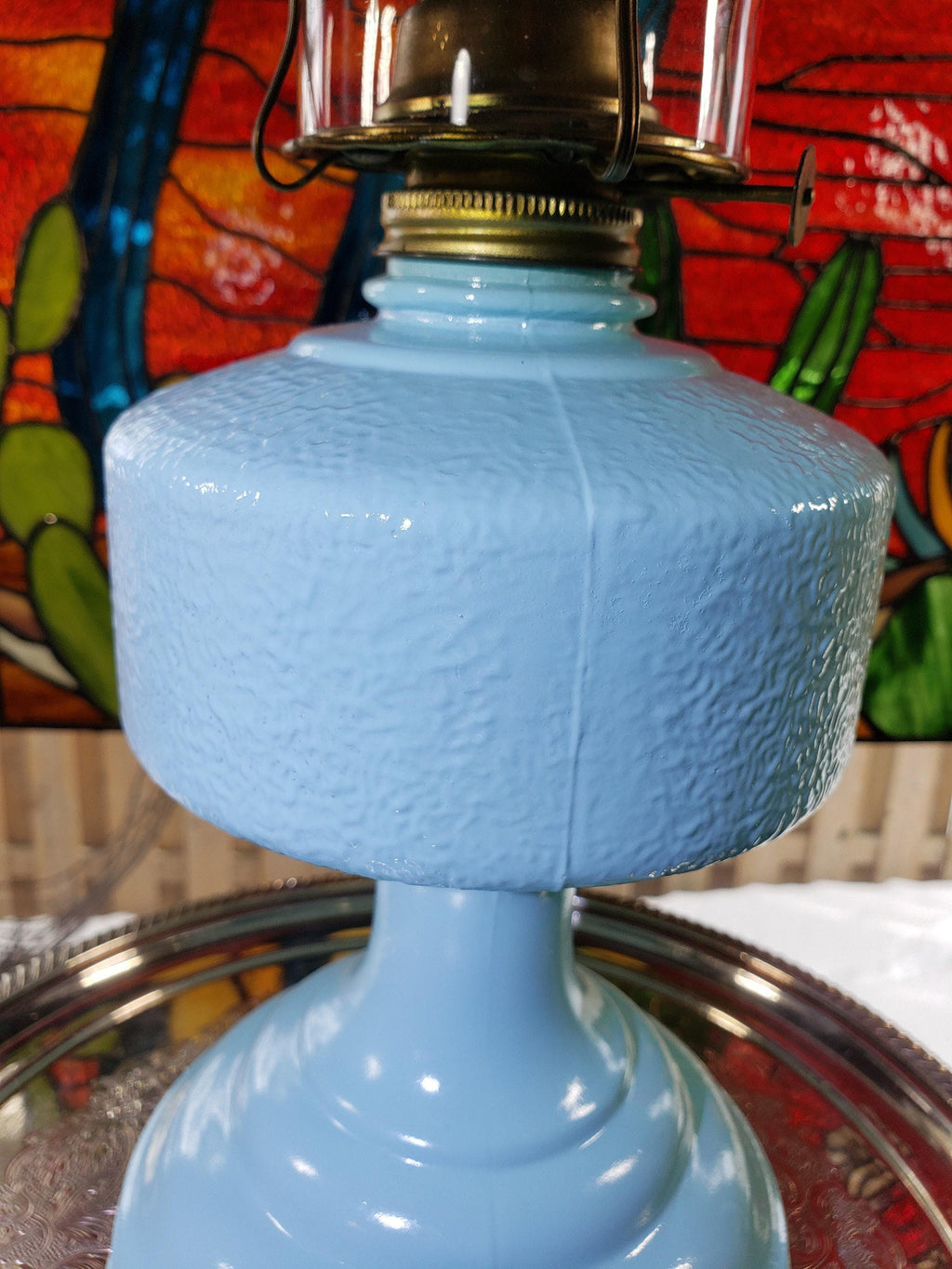 Glass Oil Lamp, Blue Ocean Breeze Painted (Mid-Century)