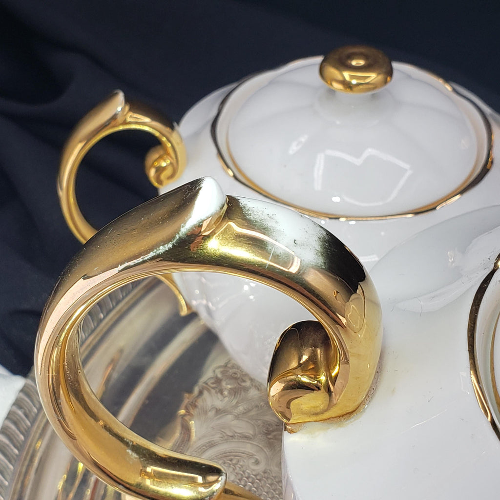 Vintage Royal Albert Teapot, White China Set With Gold Trim, 3pc.