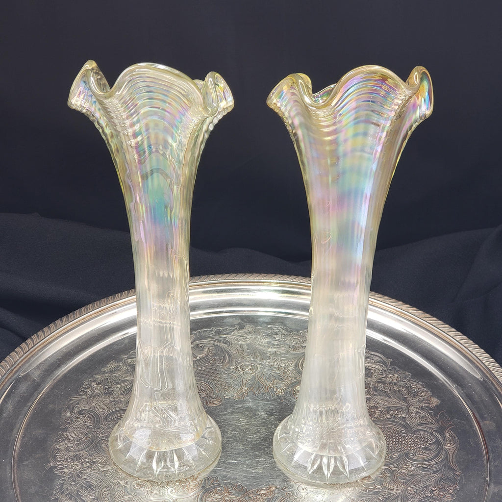 Carnival Glass Vases: Ripple Pattern - Iridescent White