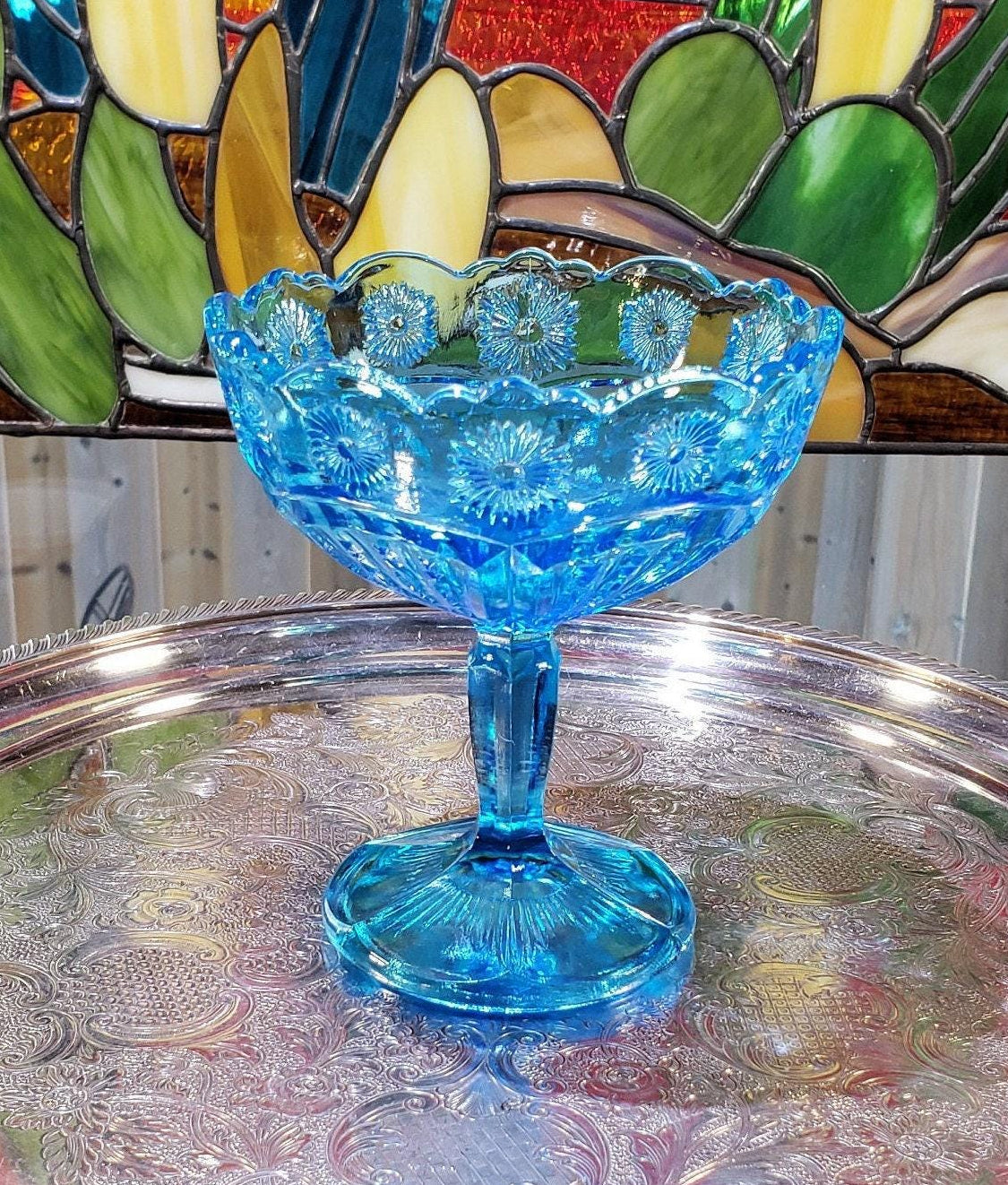 Blue Glass Comport: Floral Collectible Dish