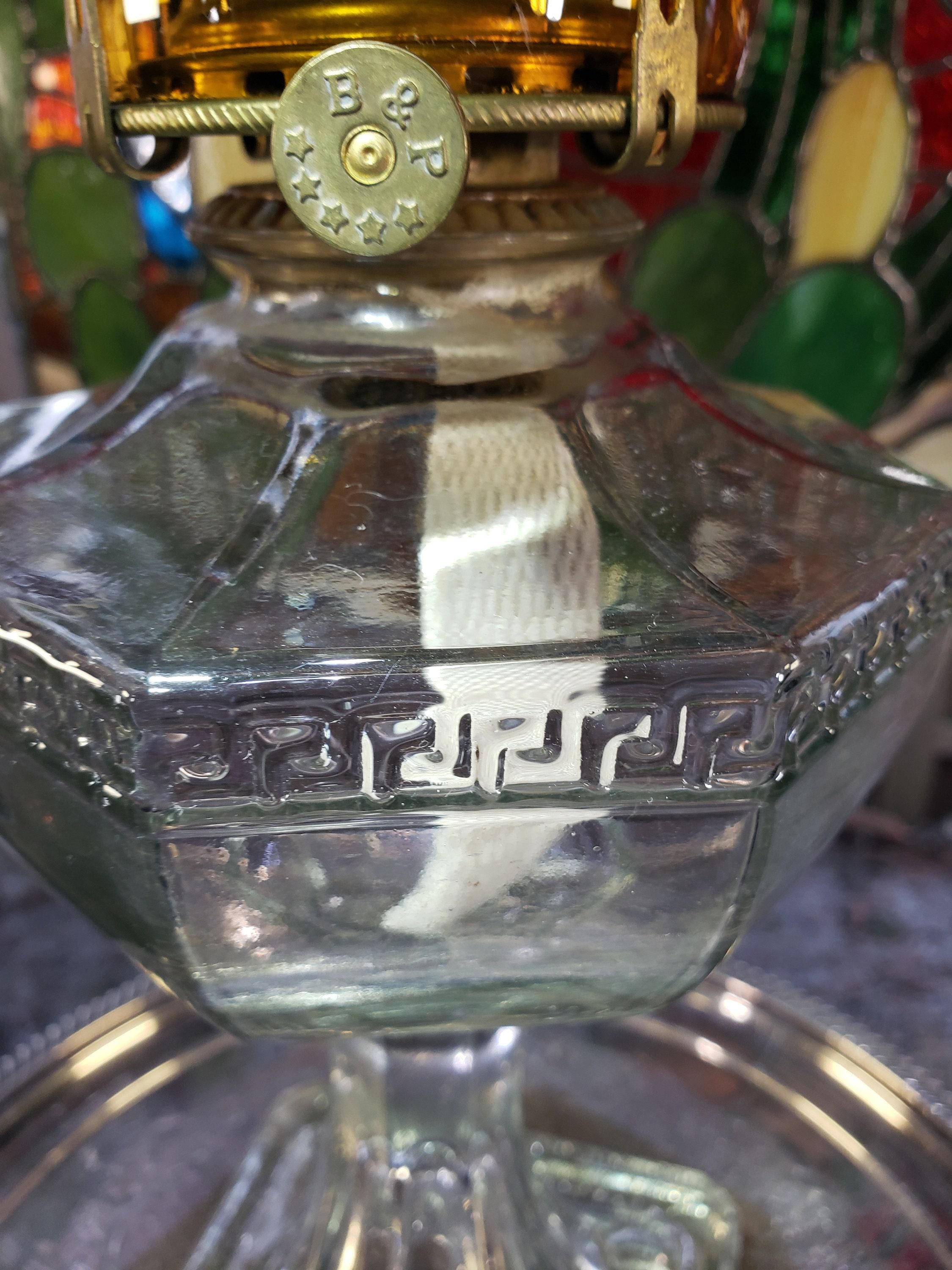 Greek Key Oil Lamp, Amber Glass Chimney (Circa 1900)