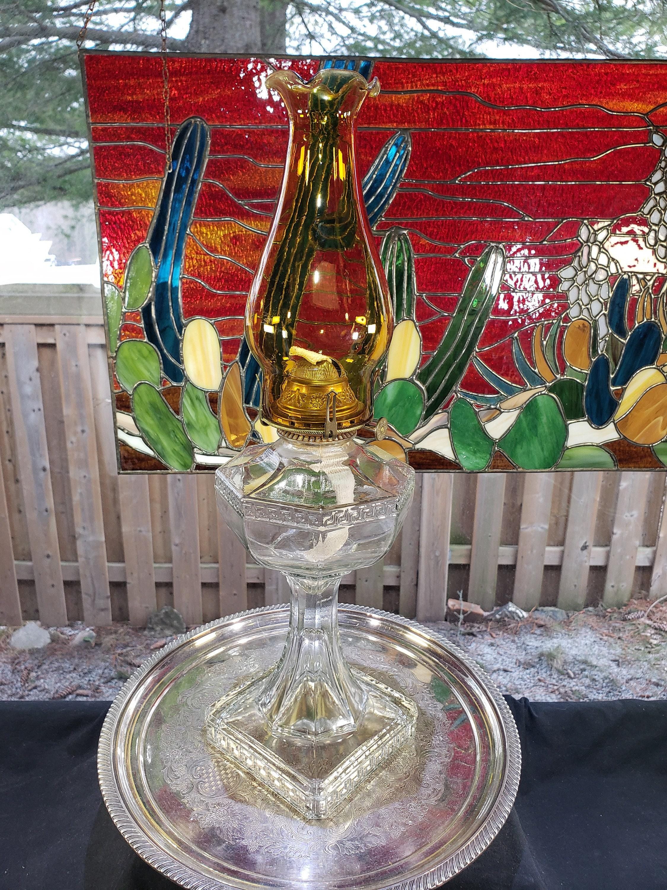 Greek Key Oil Lamp, Amber Glass Chimney (Circa 1900)