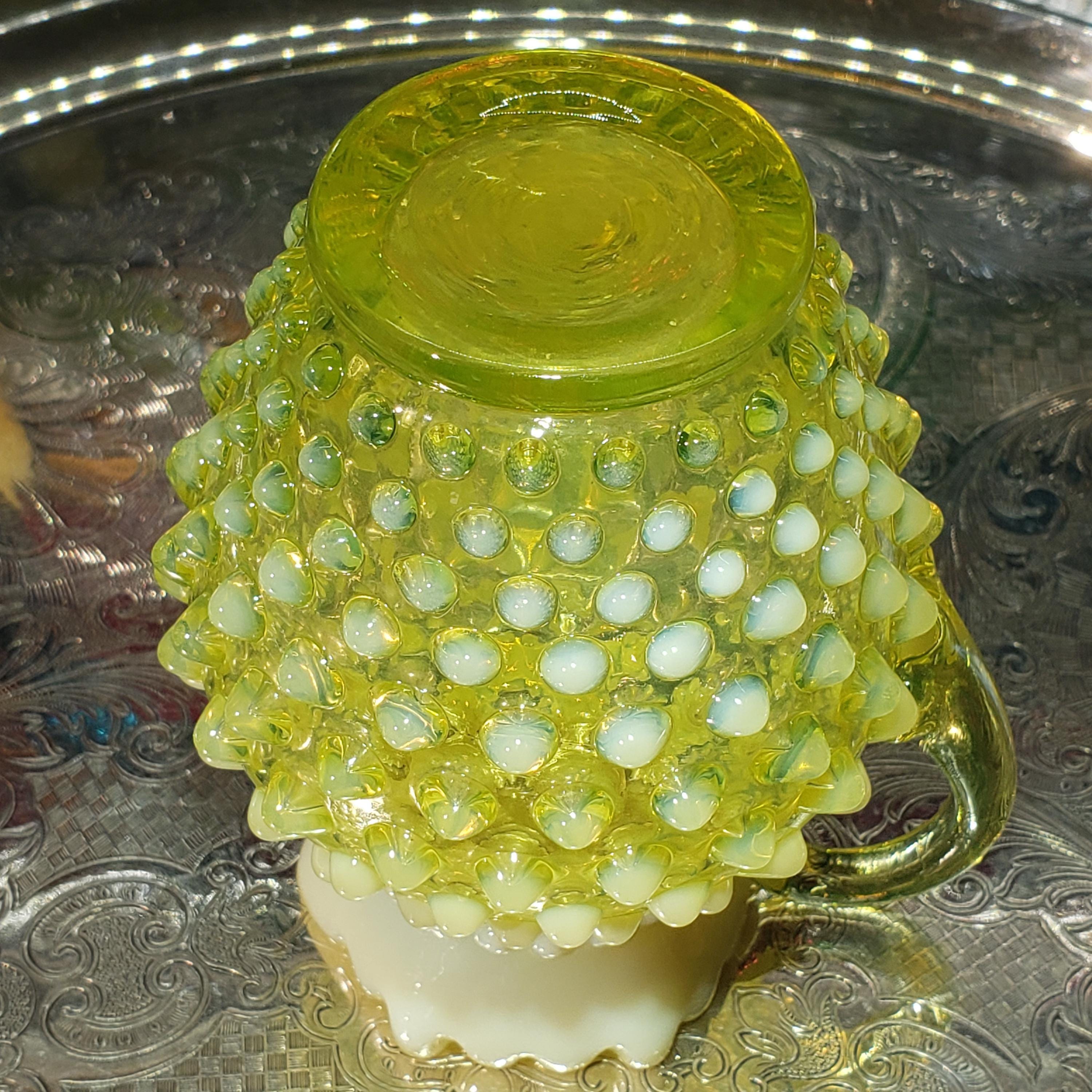 Uranium Glass Fenton Hobnail Syrup Jug - Topaz Opalescent Glass