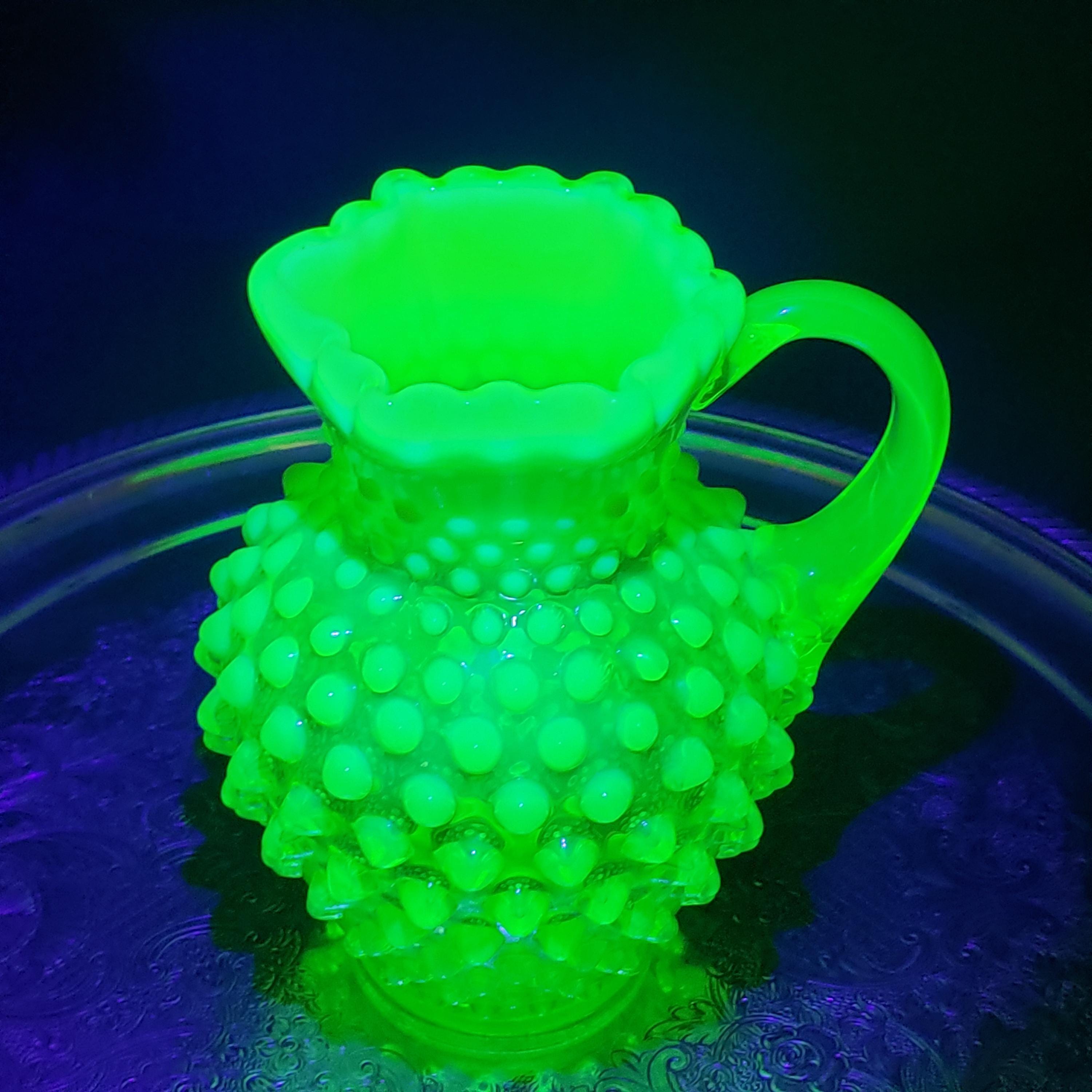 Uranium Glass Fenton Hobnail Syrup Jug - Topaz Opalescent Glass