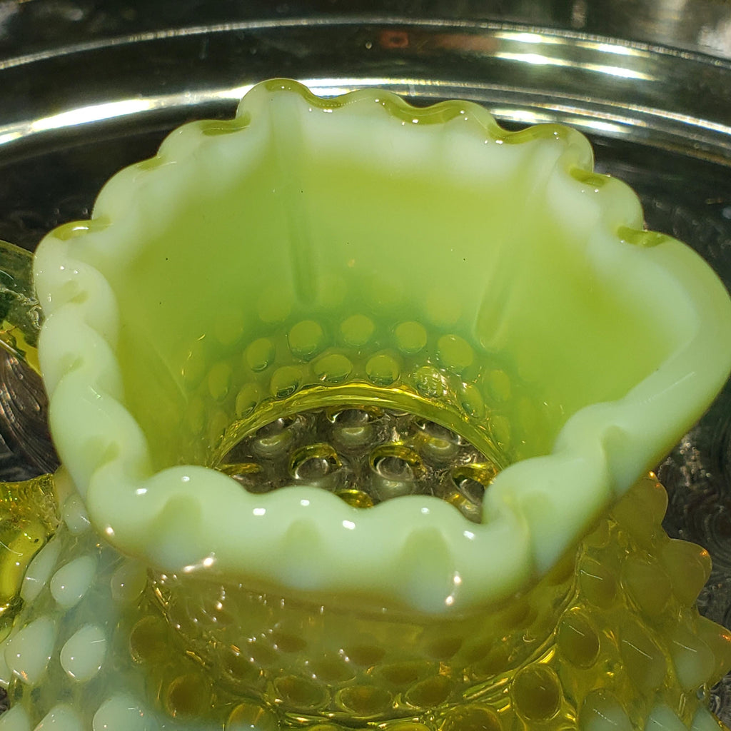 Uranium Glass Fenton Hobnail Syrup Jug - Topaz Opalescent Glass