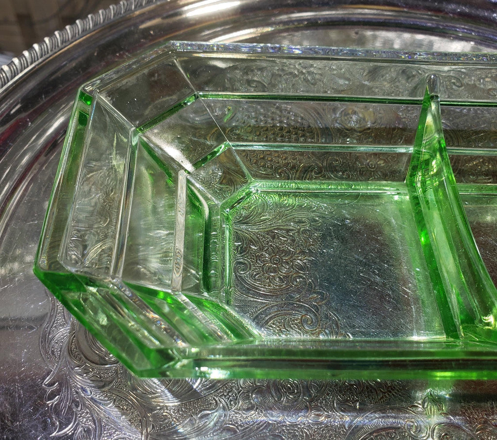 Tea Room Pattern - Uranium Glass Divided Relish Tray - Indiana Glass 1926-1931