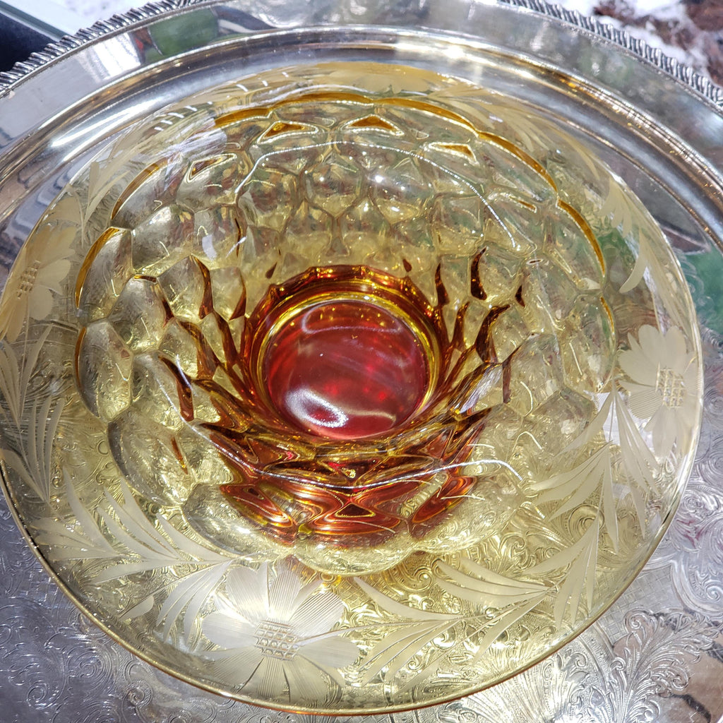 Amber Console Bowl - Hughes Cornflower Etched Honeycomb Glass