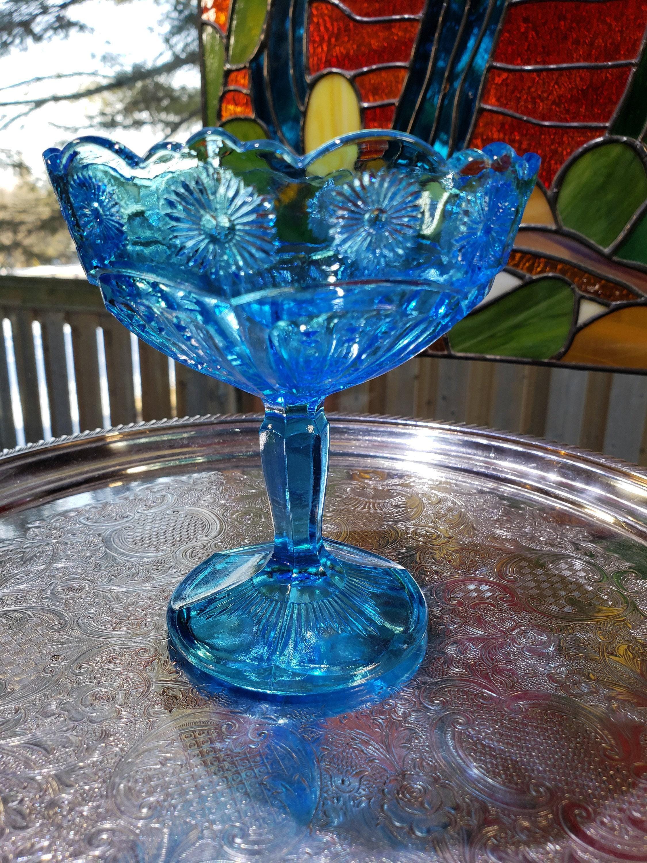 Blue Glass Comport: Floral Collectible Dish
