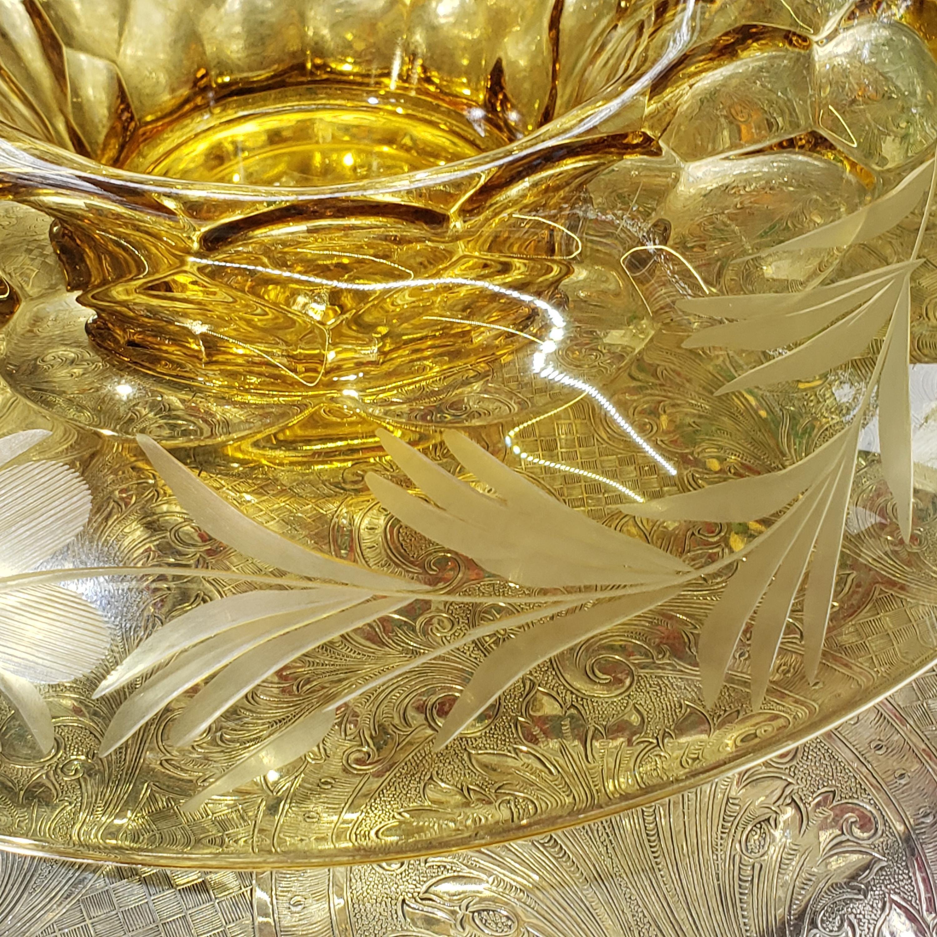 Amber Console Bowl - Hughes Cornflower Etched Honeycomb Glass