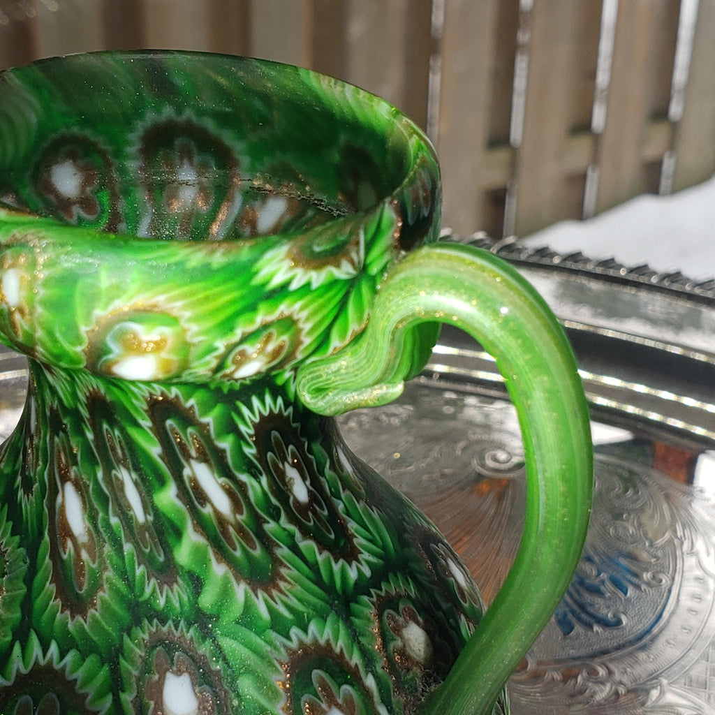 Murano Millefiori Glass Vase - Emerald Green Amphora with Handles