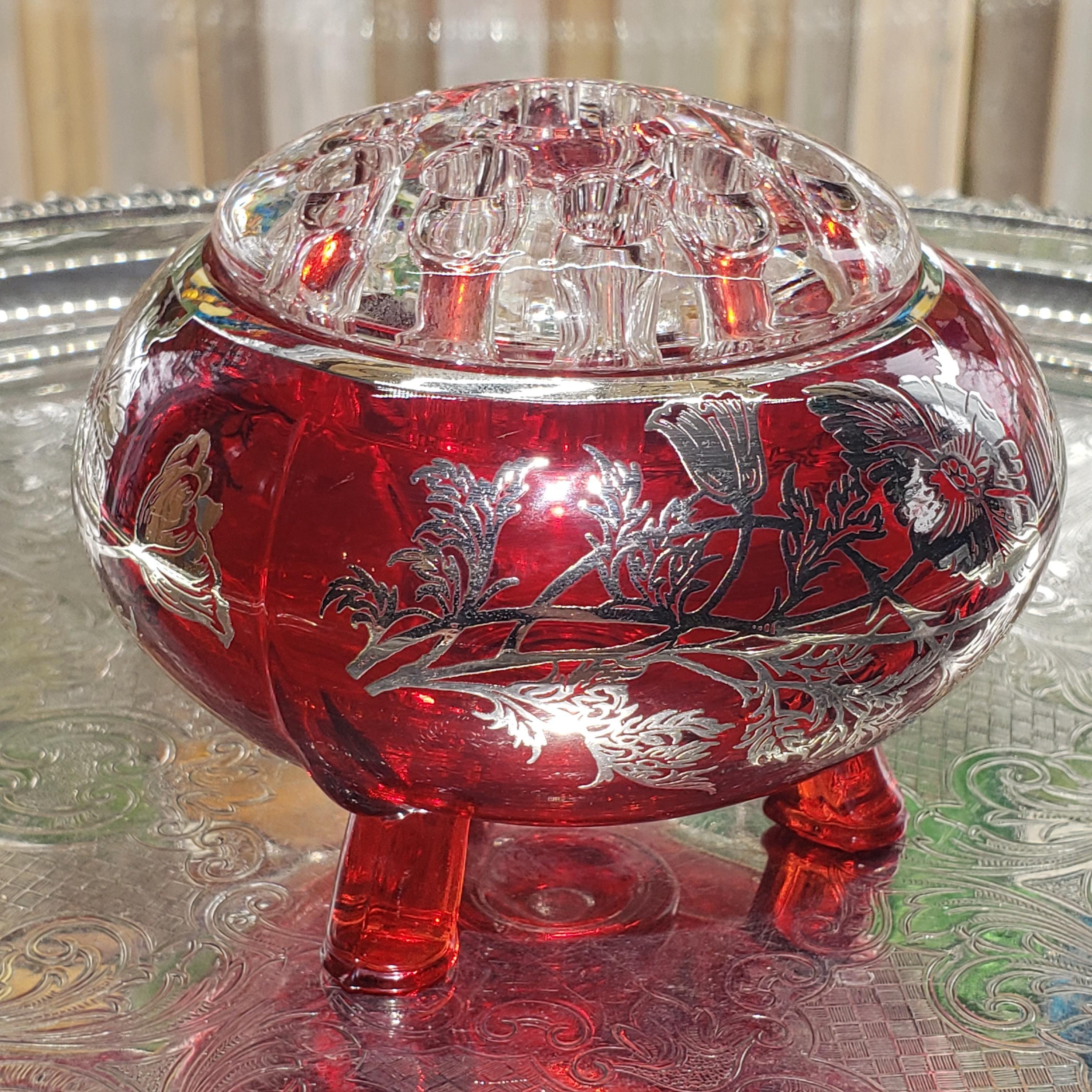 Ruby Red Viking Flowerlite Vase - Footed Bowl with Sterling Floral Design