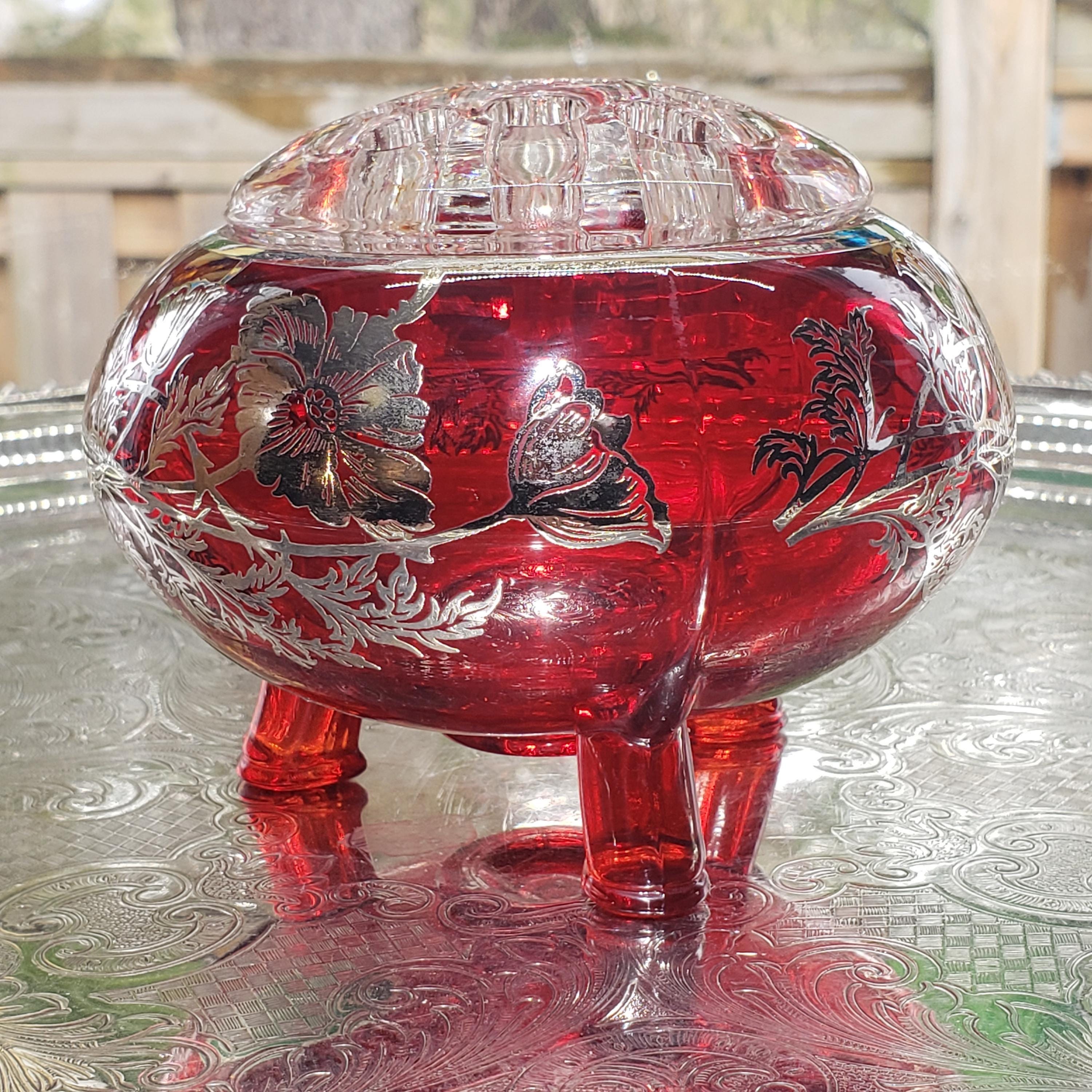 Ruby Red Viking Flowerlite Vase - Footed Bowl with Sterling Floral Design