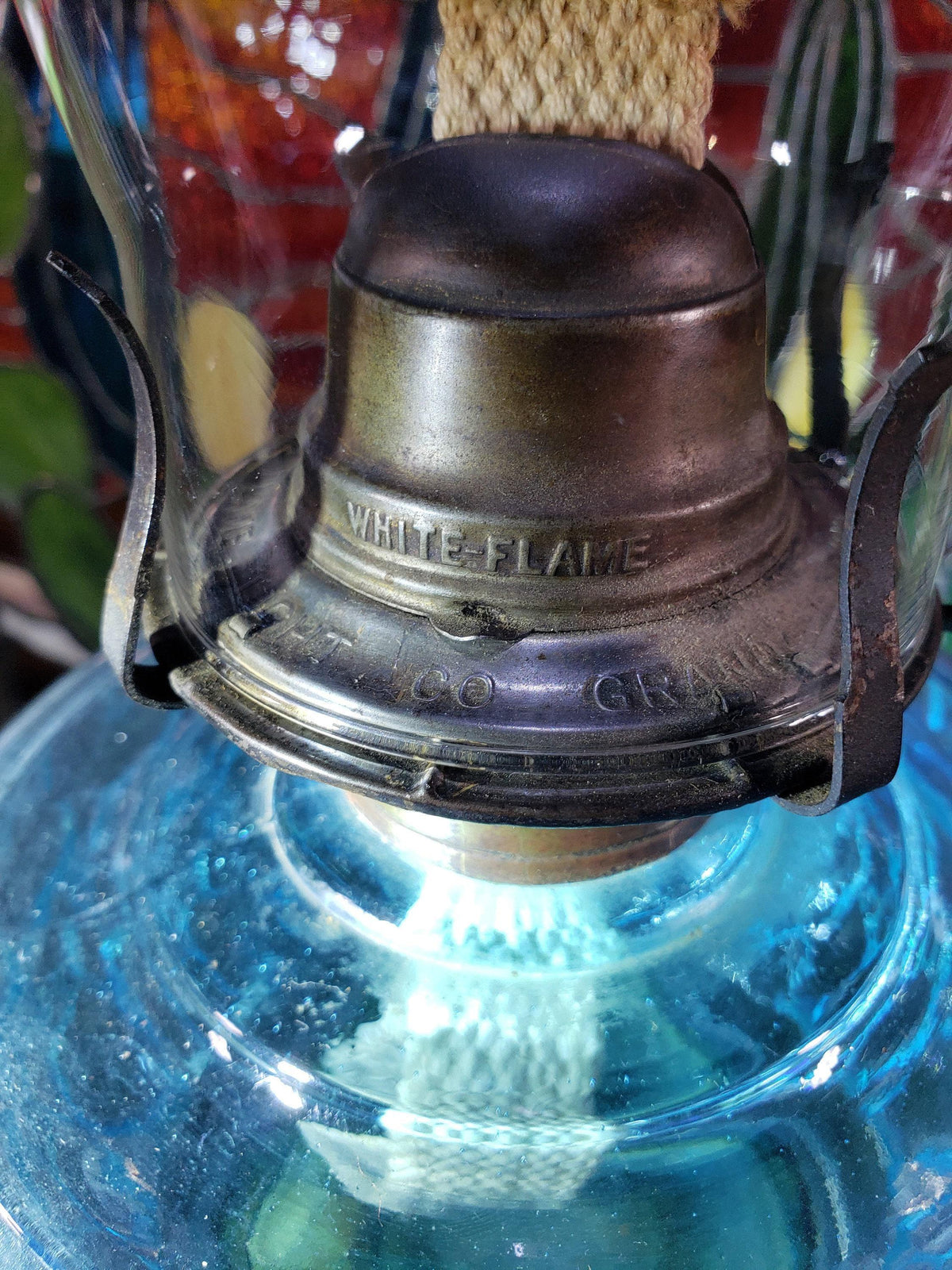 Blue Glass Oil Lamp - Victorian Style, Burlington 1890s