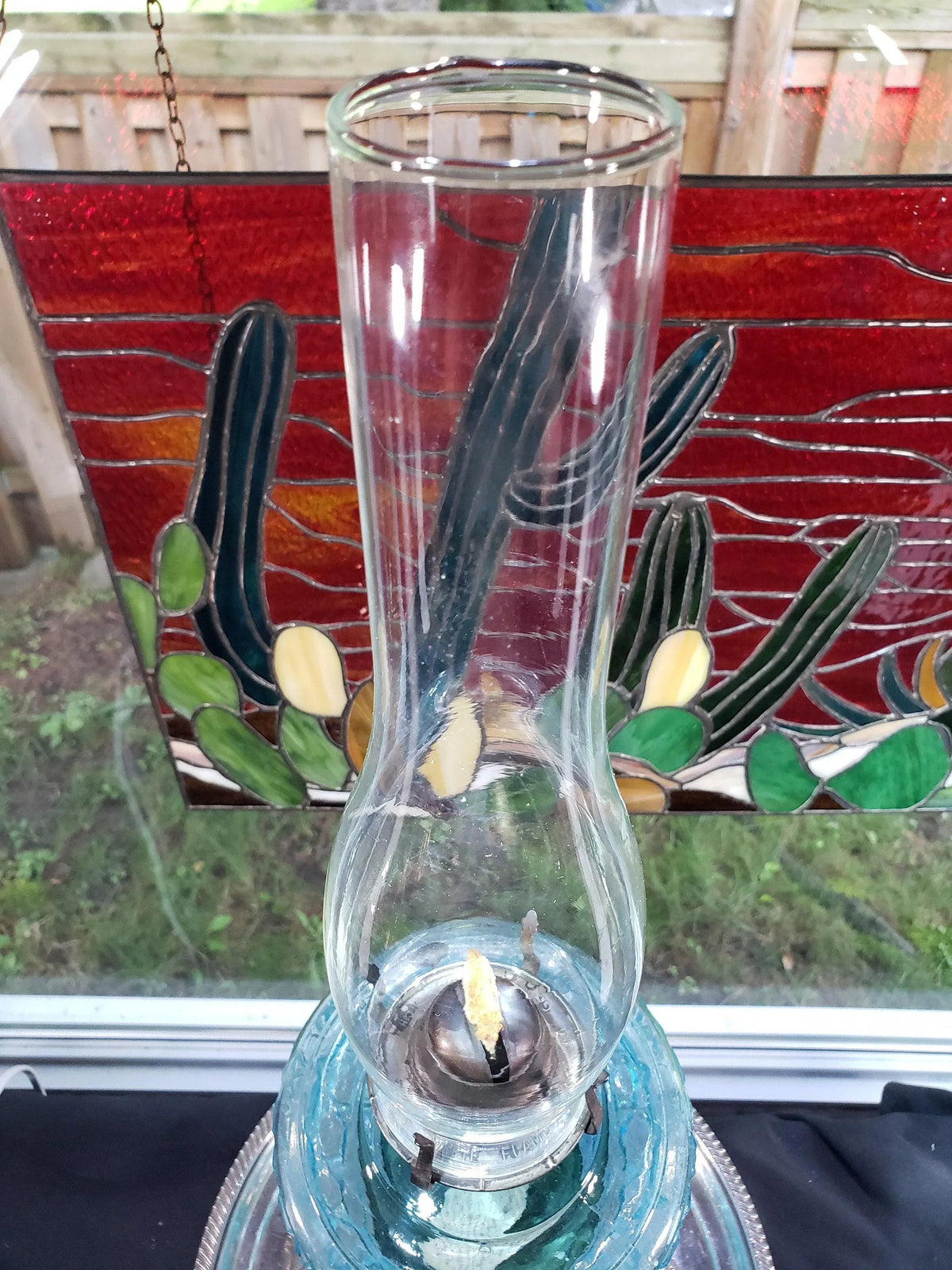 Blue Glass Oil Lamp - Victorian Style, Burlington 1890s