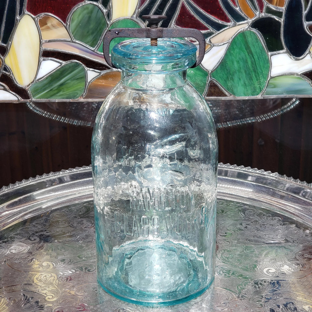 Hamilton Glass Works Jar: Whittled Aqua Half Gallon with Embossed C Error