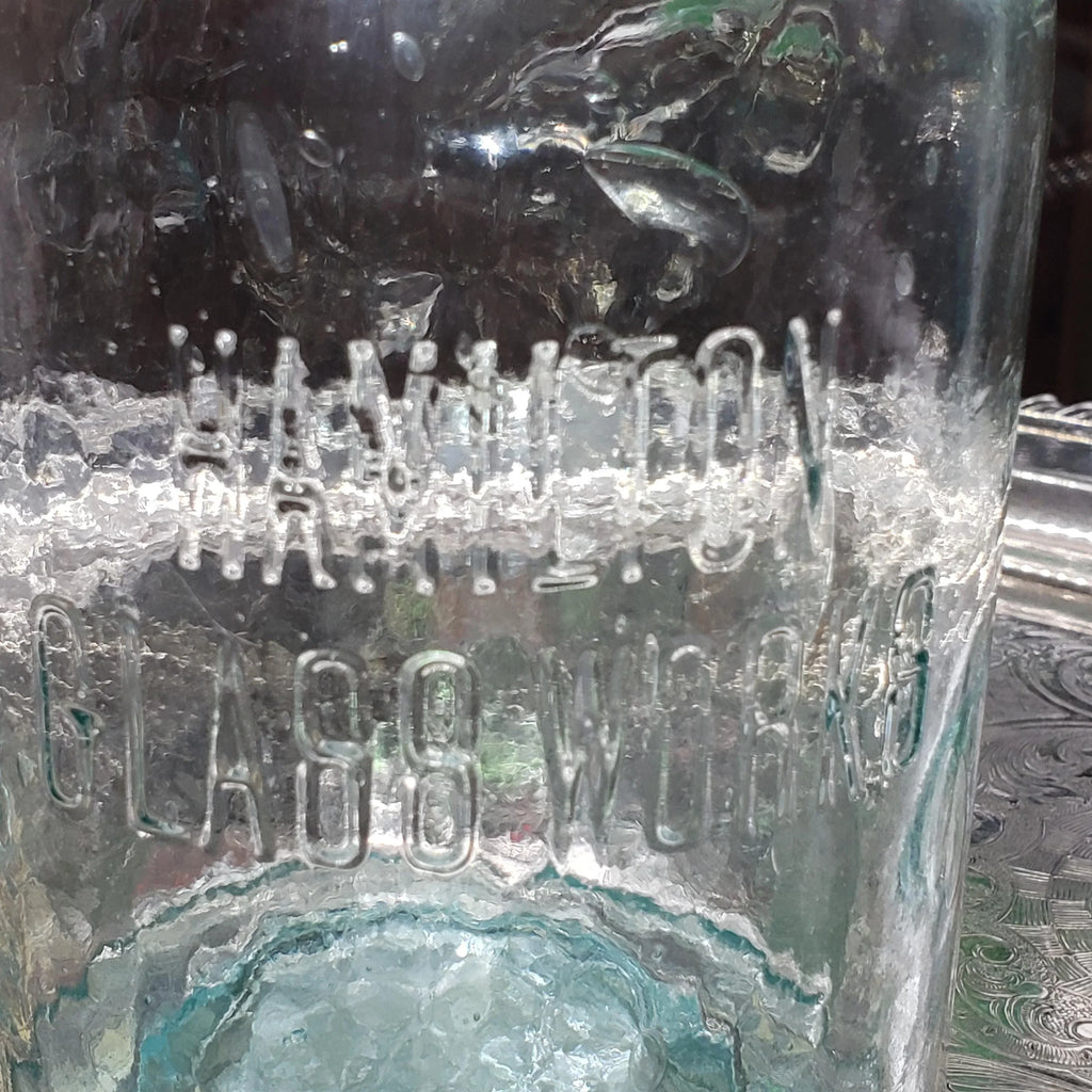 Hamilton Glass Works Jar: Whittled Aqua Half Gallon with Embossed C Error