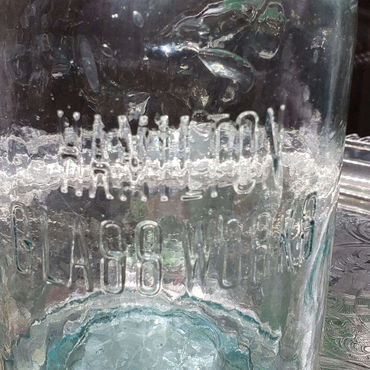 Hamilton Glass Works Jar: Whittled Aqua Half Gallon with Embossed C Error