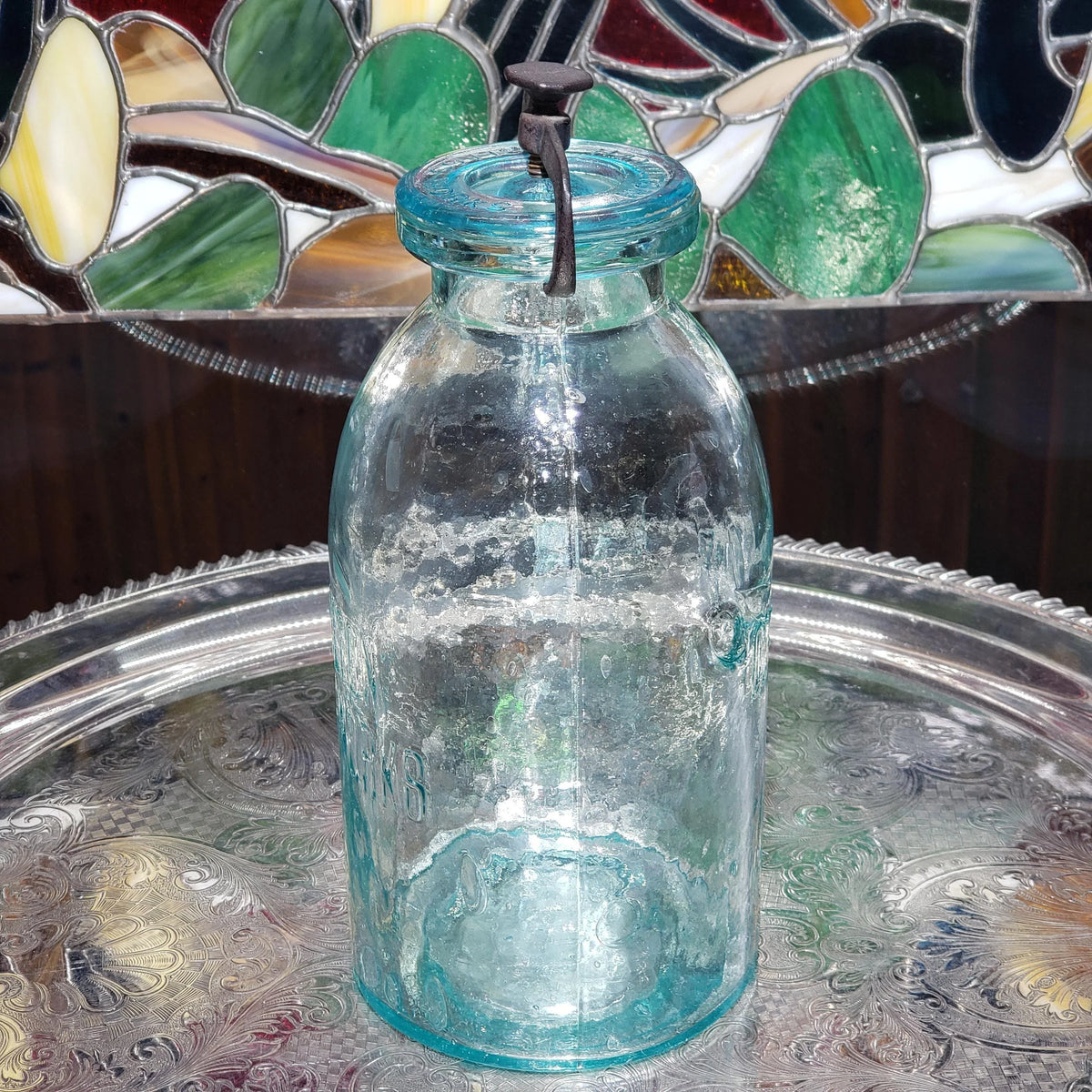 Hamilton Glass Works Jar: Whittled Aqua Half Gallon with Embossed C Error