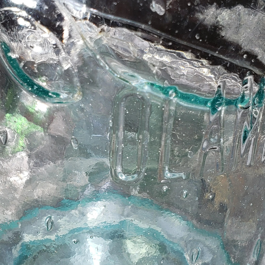 Hamilton Glass Works Jar: Whittled Aqua Half Gallon with Embossed C Error