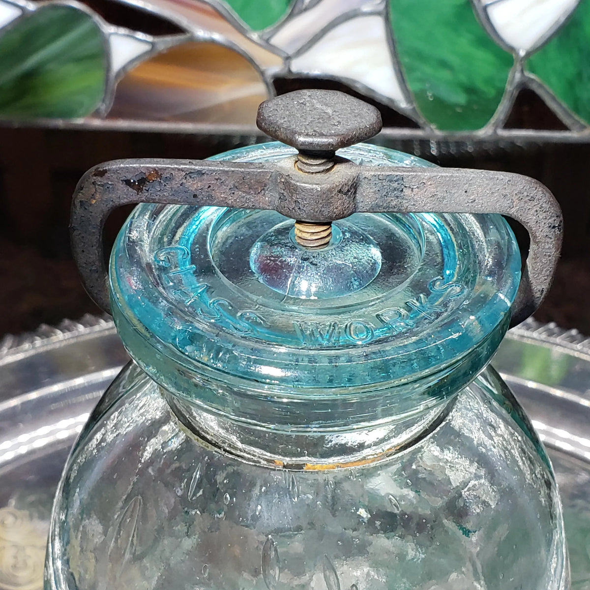 Hamilton Glass Works Jar: Whittled Aqua Half Gallon with Embossed C Error