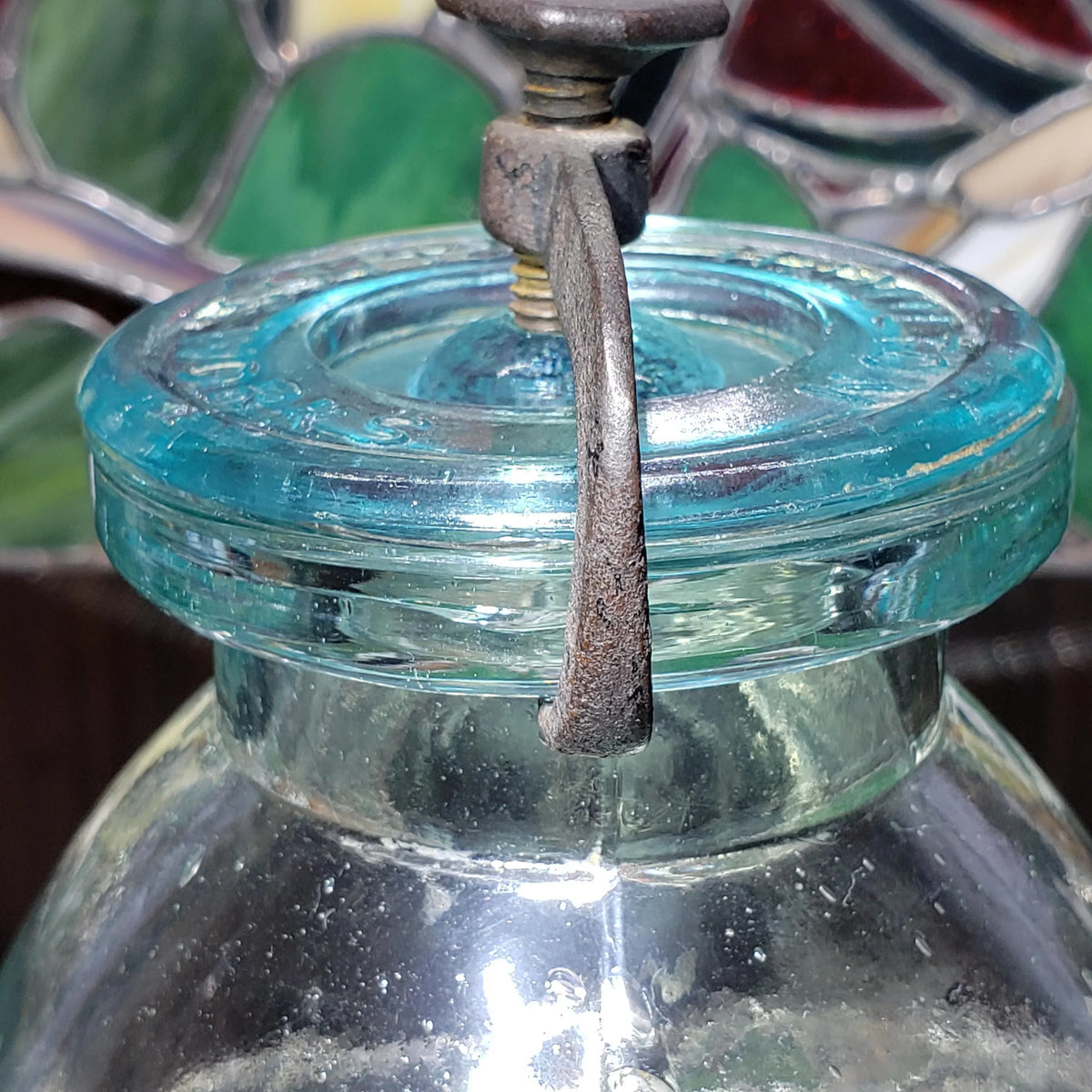 Hamilton Glass Works Jar: Whittled Aqua Half Gallon with Embossed C Error