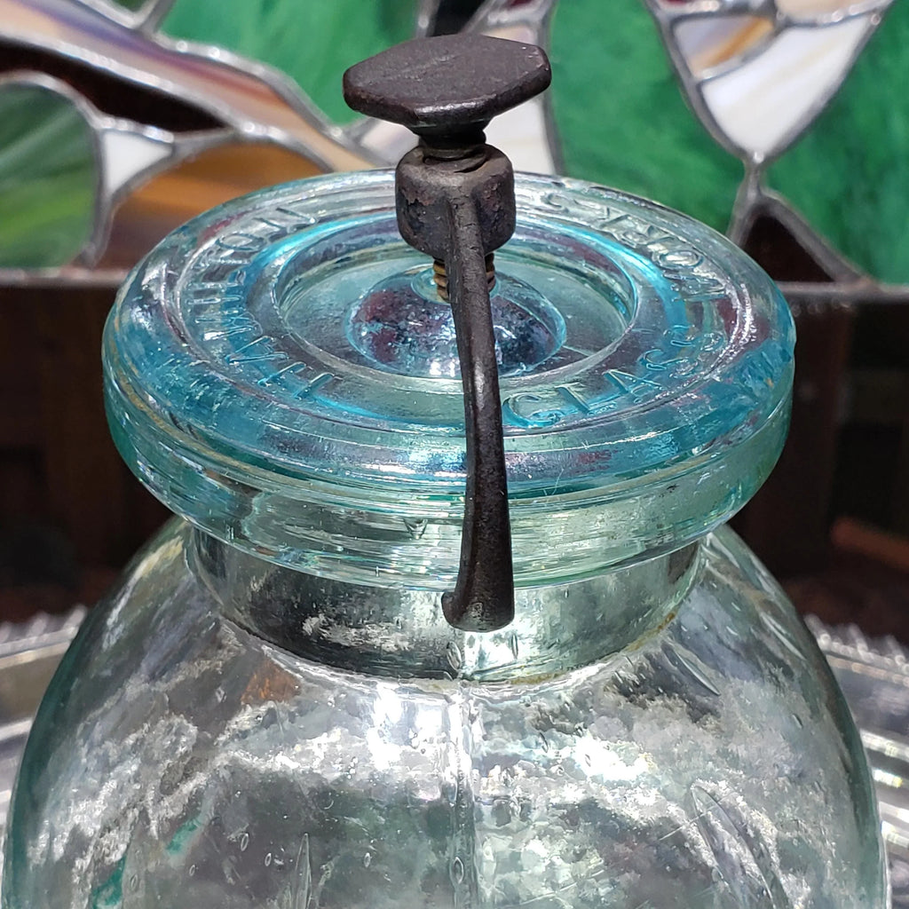 Hamilton Glass Works Jar: Whittled Aqua Half Gallon with Embossed C Error