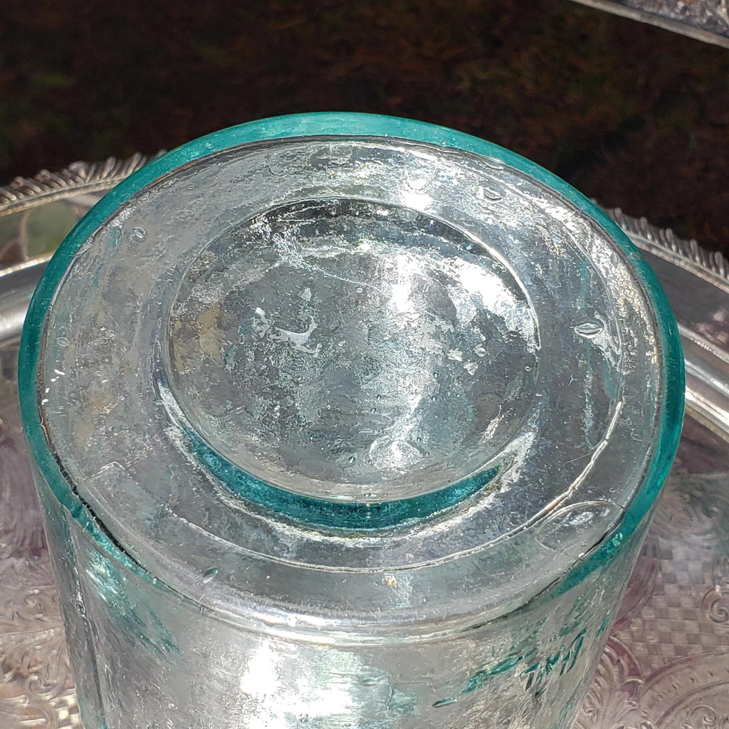 Hamilton Glass Works Jar: Whittled Aqua Half Gallon with Embossed C Error