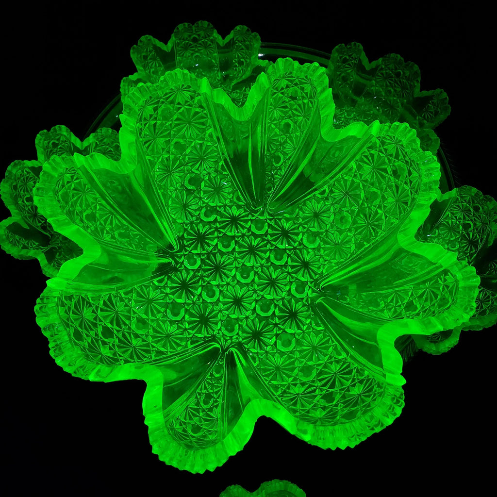Uranium Glass Berry Bowl Set: Daisy Button Vaseline Glass (Victorian Era)
