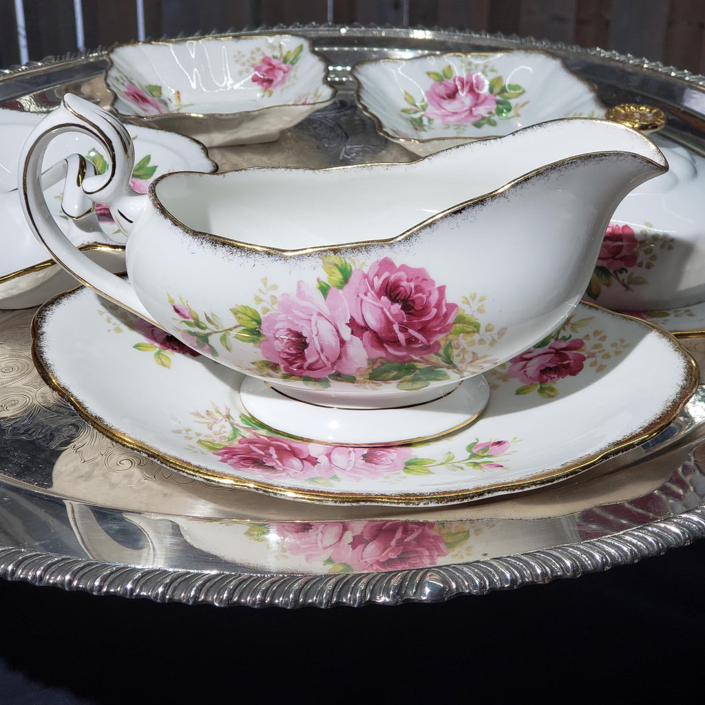 Royal Albert Porcelain Set, American Beauty Pink Rose (Gravy Boat & Plates)
