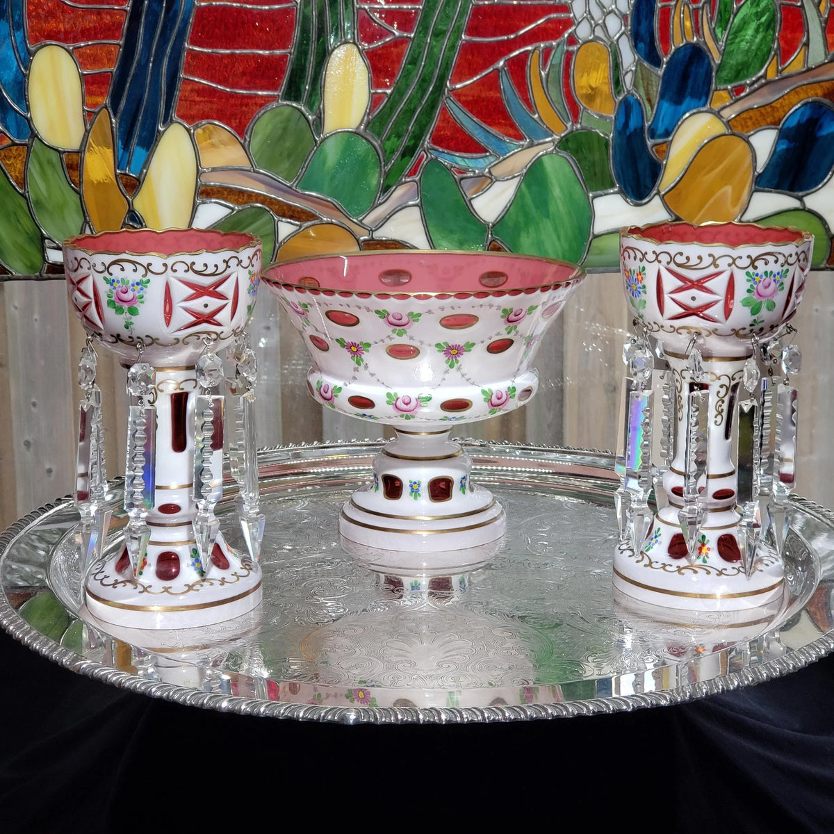 Mantle Lusters Set: Czech Pink Glass - Gold Trim, Matching Bowl