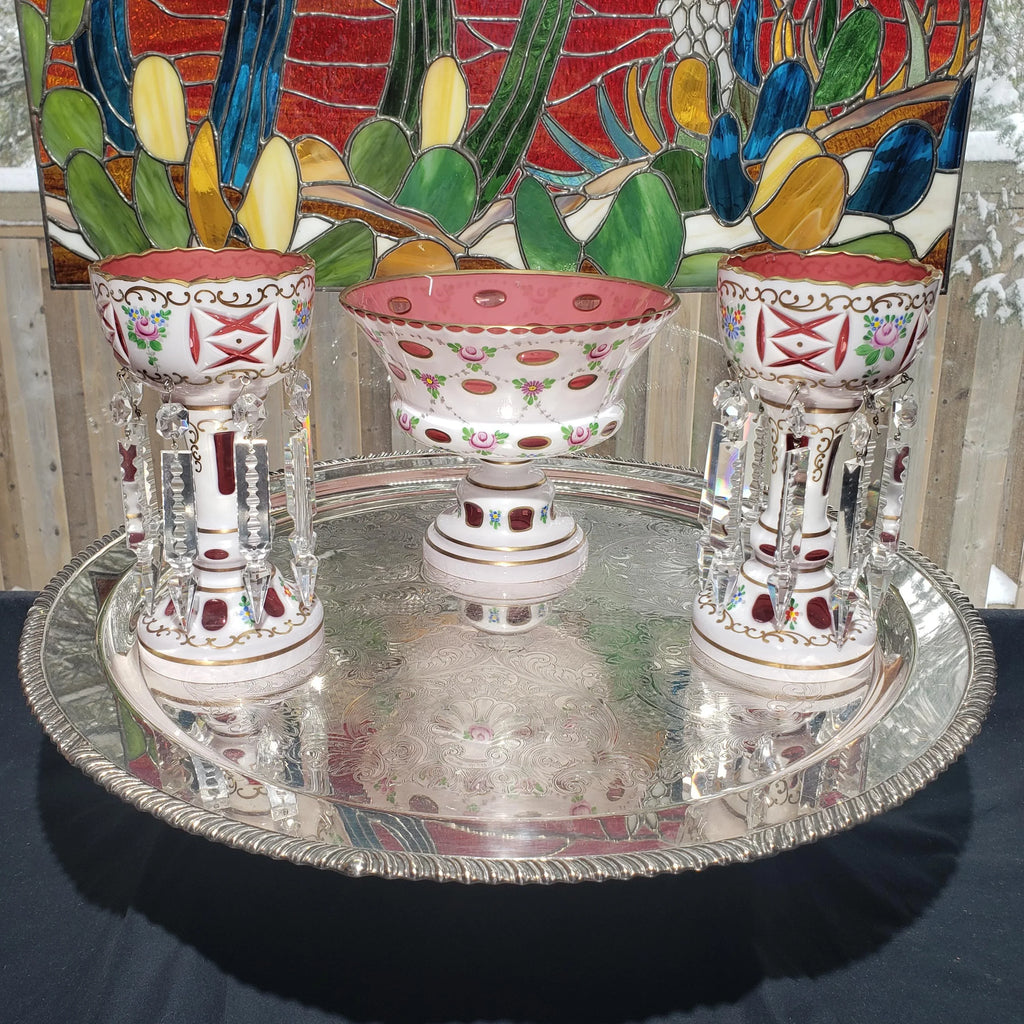 Mantle Lusters Set: Czech Pink Glass - Gold Trim, Matching Bowl