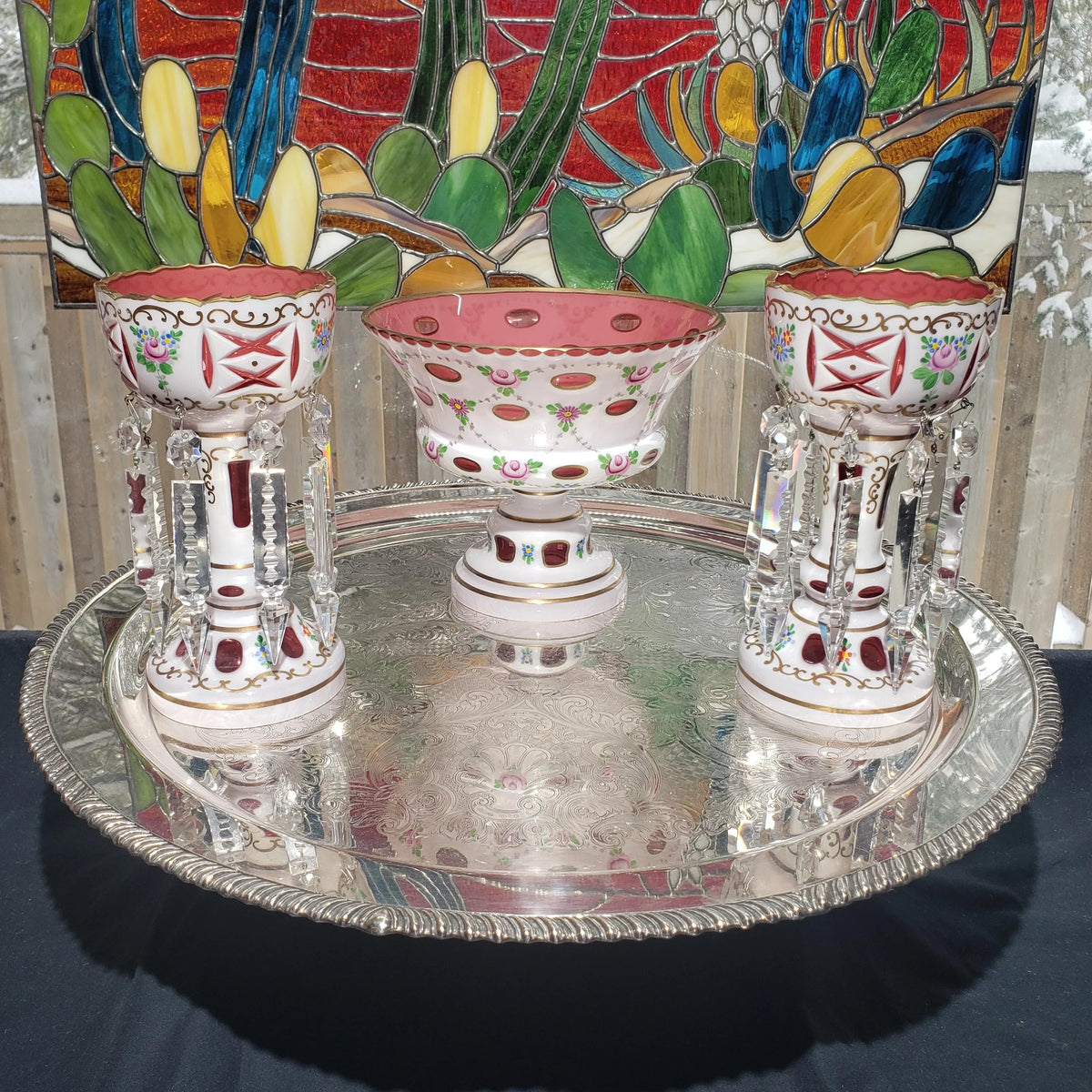 Mantle Lusters Set: Czech Pink Glass - Gold Trim, Matching Bowl